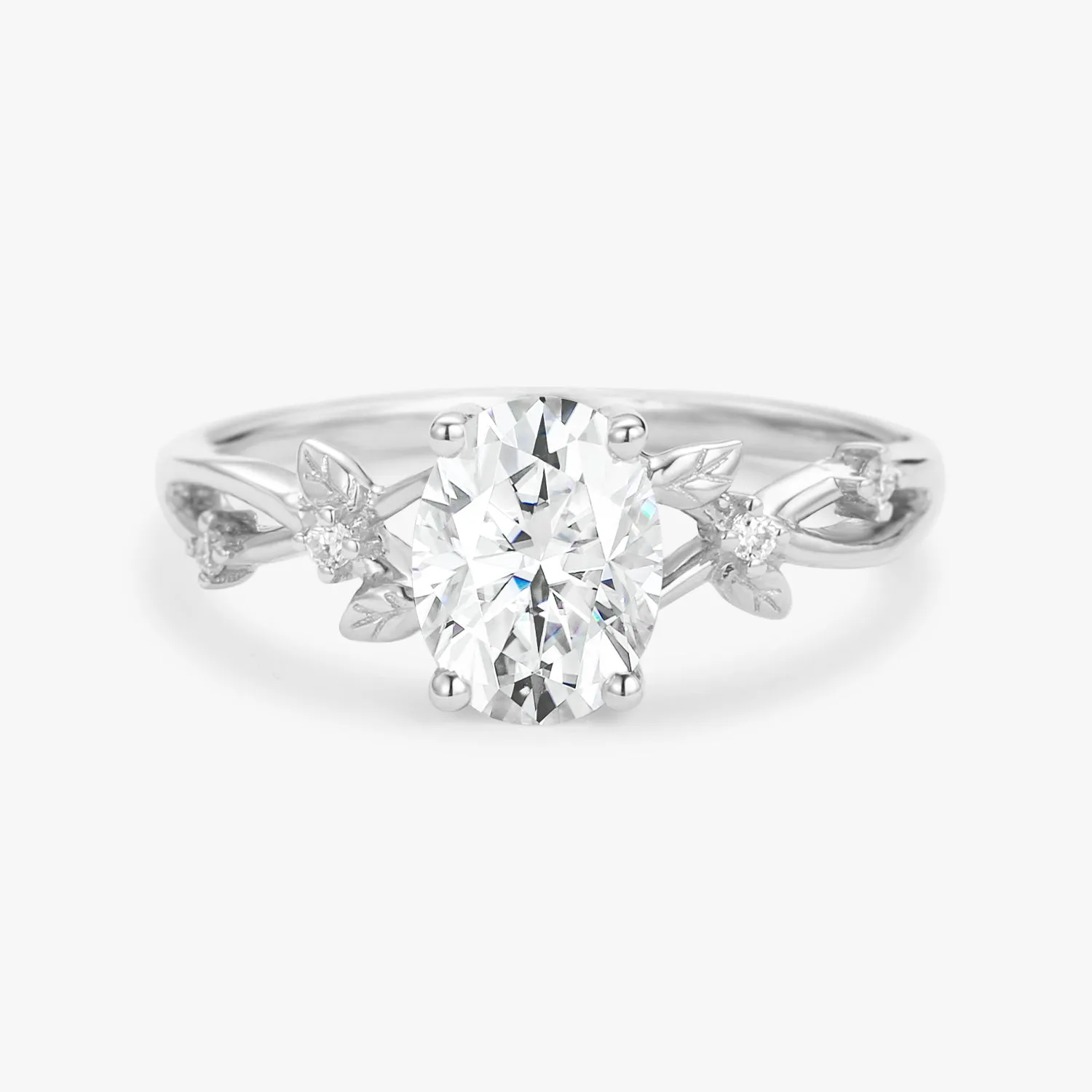 1.5ct Oval Cut Moissanite Leafy White Gold Ring