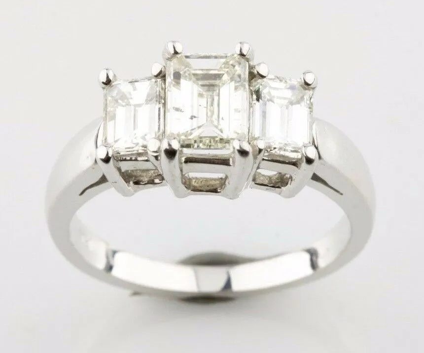 1.77 Carat Emerald Cut Diamond  3-Stone 14k White Gold Engagement Ring Size 6