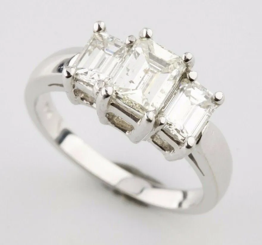 1.77 Carat Emerald Cut Diamond  3-Stone 14k White Gold Engagement Ring Size 6