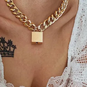 17KM Gothtic Gold Lock Chunky Chain Necklace For Women Men Big Chain Unlockable Lock Key Pendant Necklaces Exaggerated Jewelry