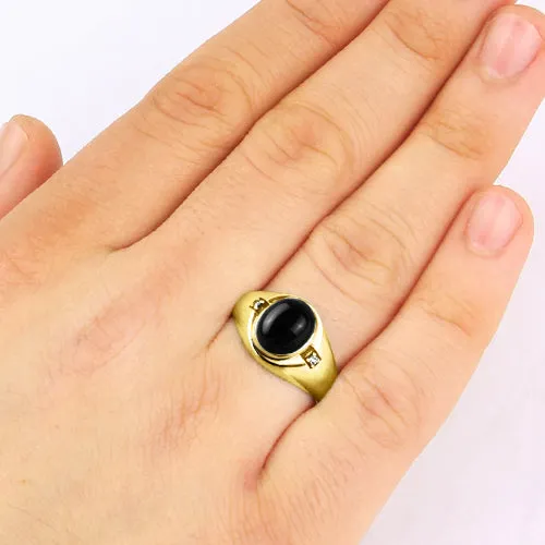 18k Fine Solid Gold with Oval Black Onyx and 2 DIAMOND Accents in Classic Mens Ring