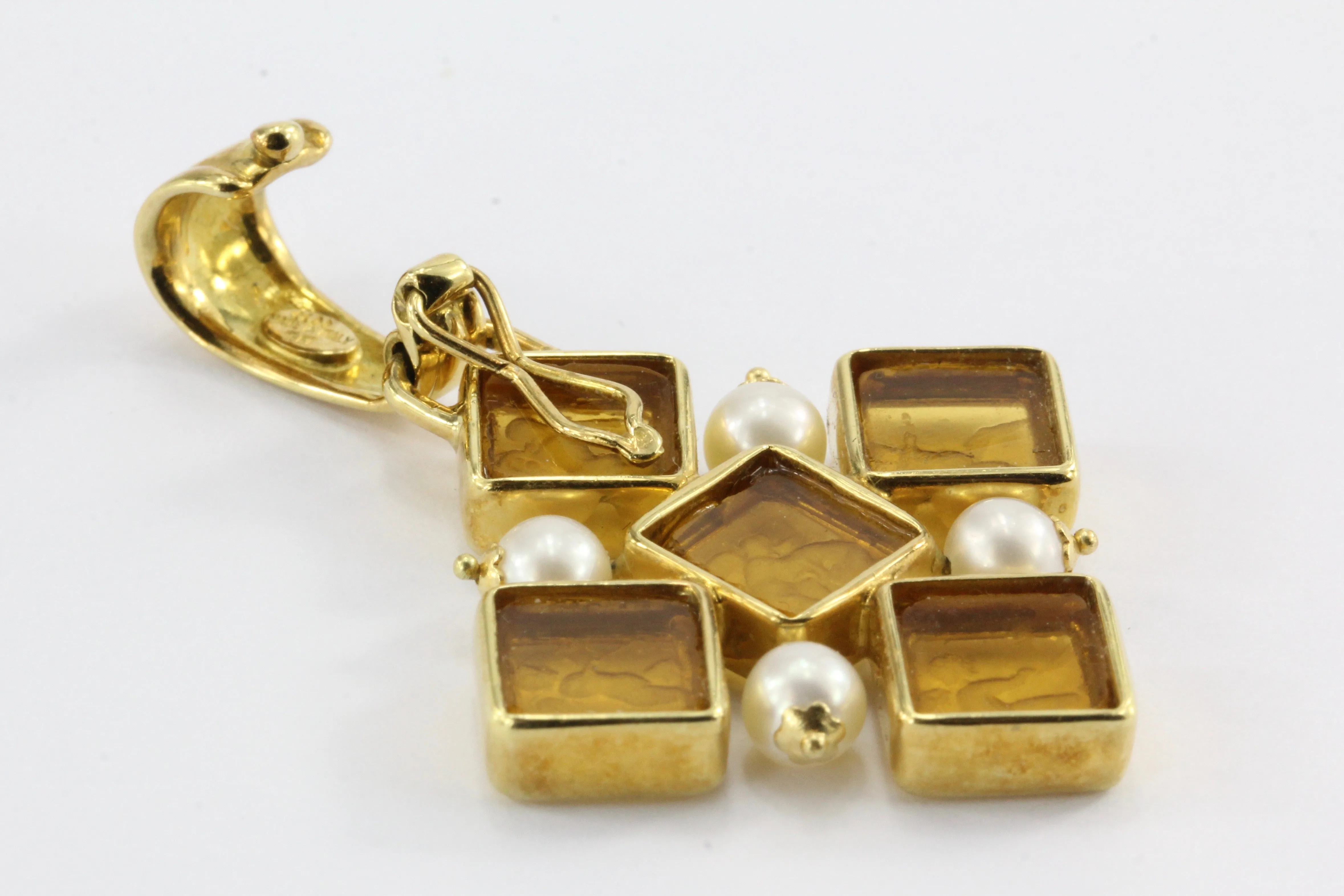 18K Gold Pearl Tagliamonte Cupid Cherubs Cross Pendant Necklace
