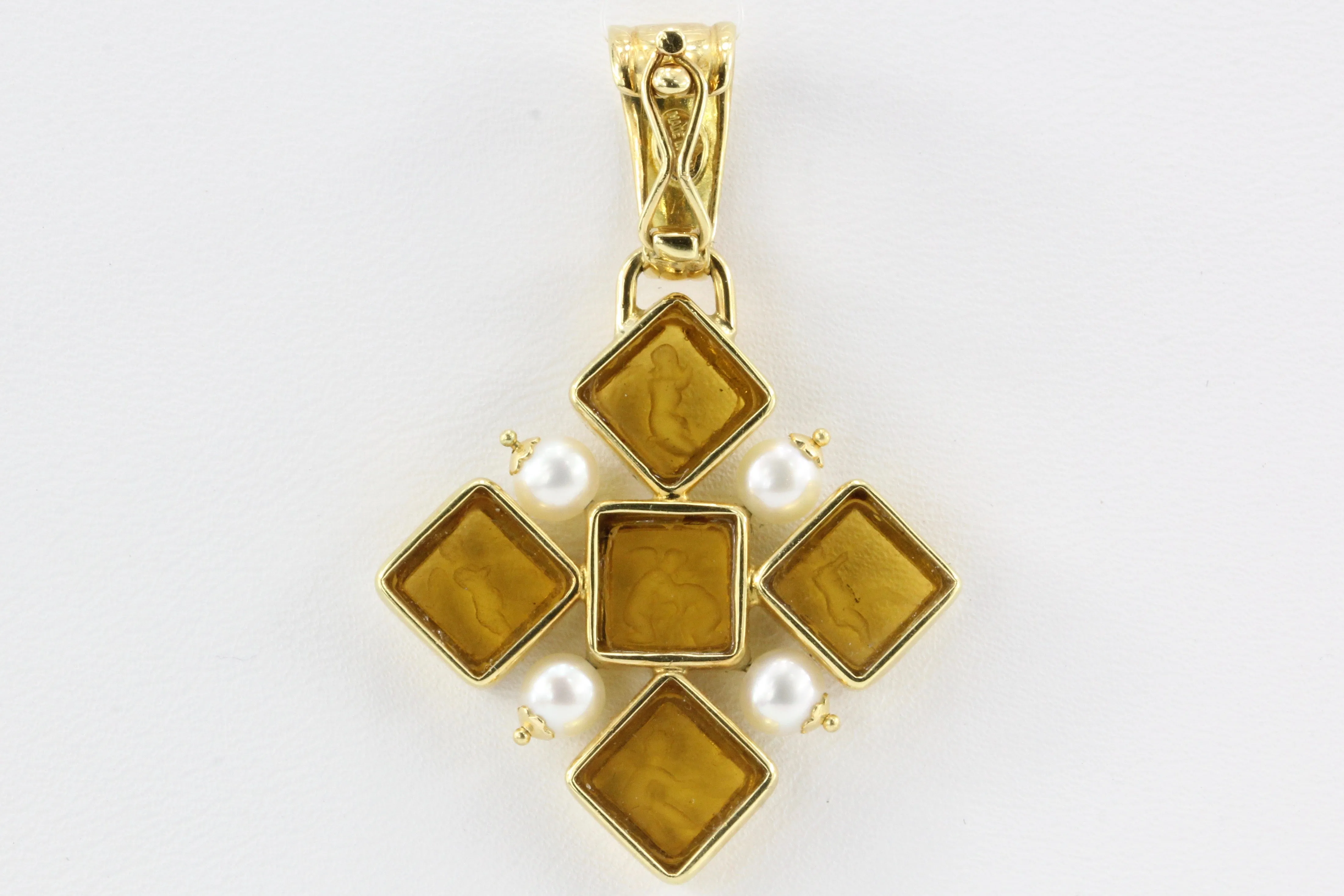 18K Gold Pearl Tagliamonte Cupid Cherubs Cross Pendant Necklace