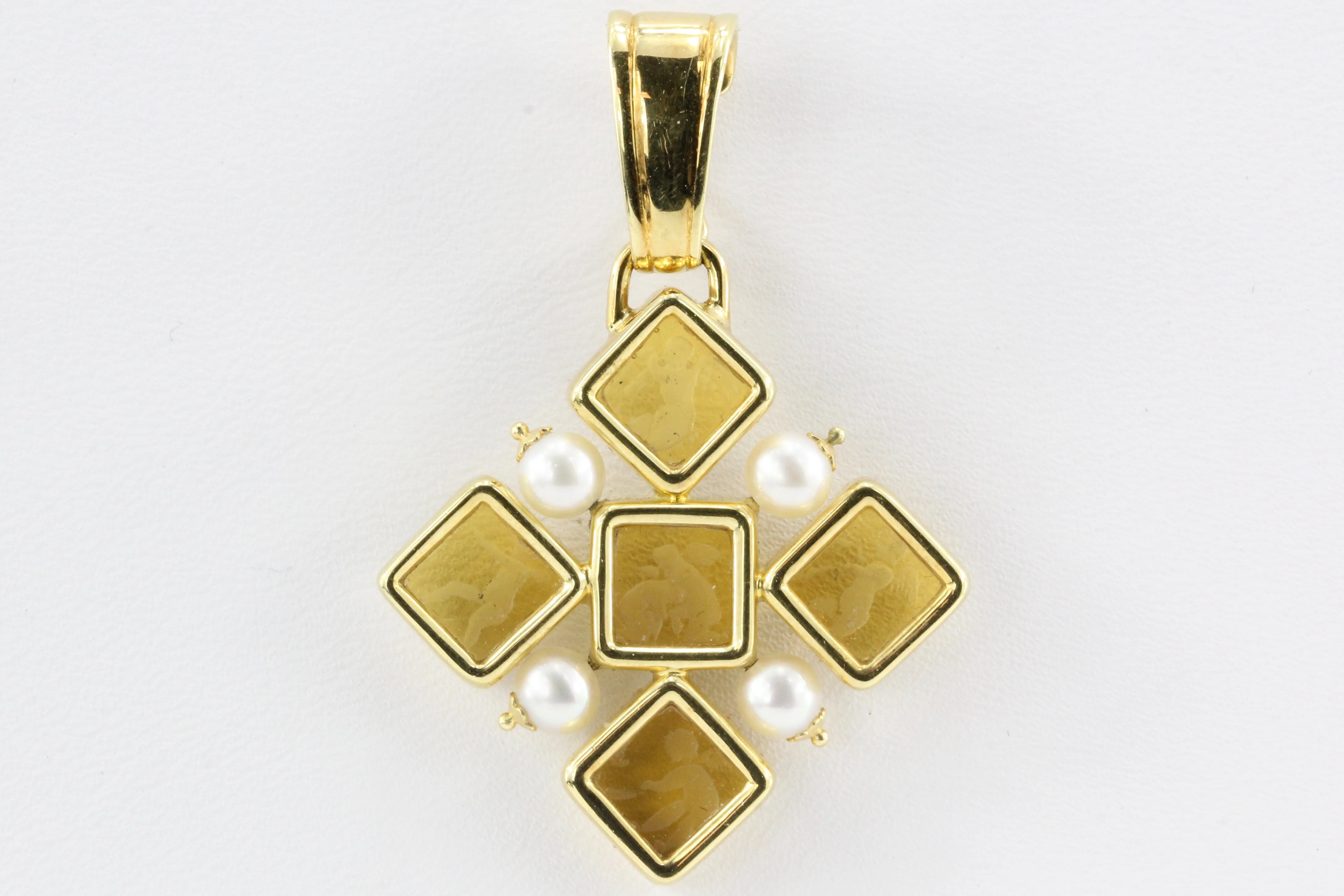 18K Gold Pearl Tagliamonte Cupid Cherubs Cross Pendant Necklace