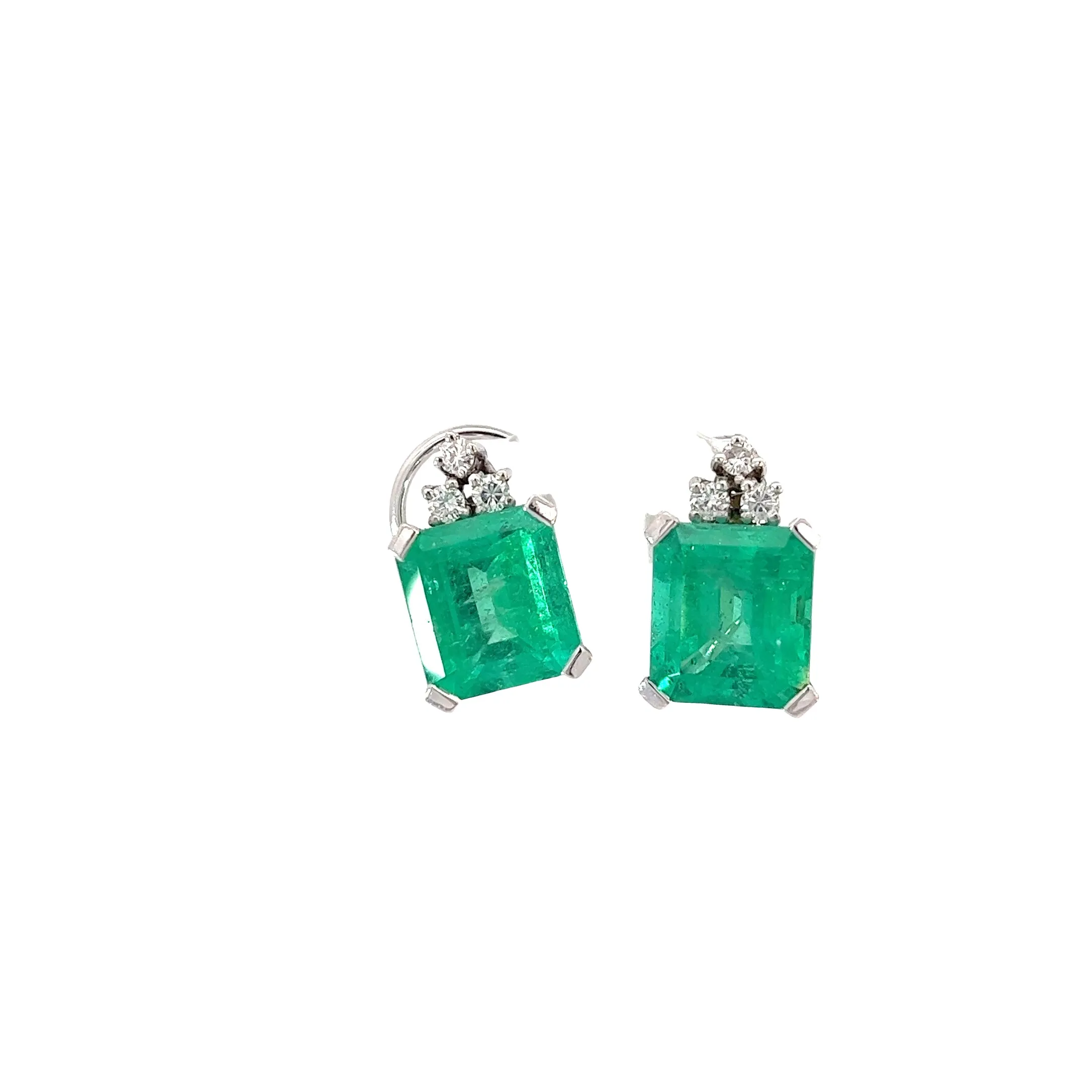 18k White Gold 10.00ct Colombian Radiant Emerald and .35ct VS2 Round Diamond Stud Earrings Certified By GIA #2225318794