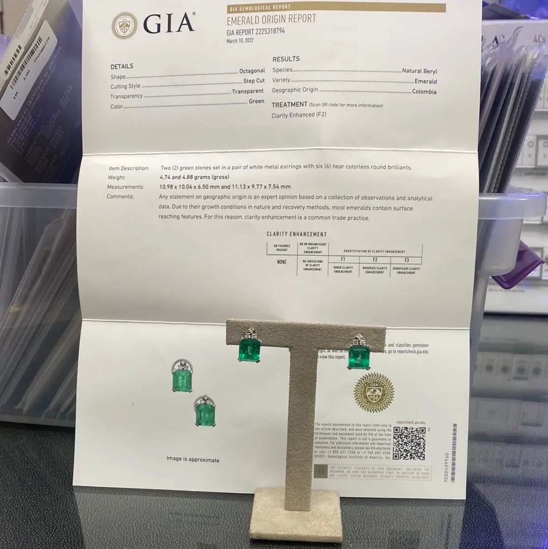 18k White Gold 10.00ct Colombian Radiant Emerald and .35ct VS2 Round Diamond Stud Earrings Certified By GIA #2225318794