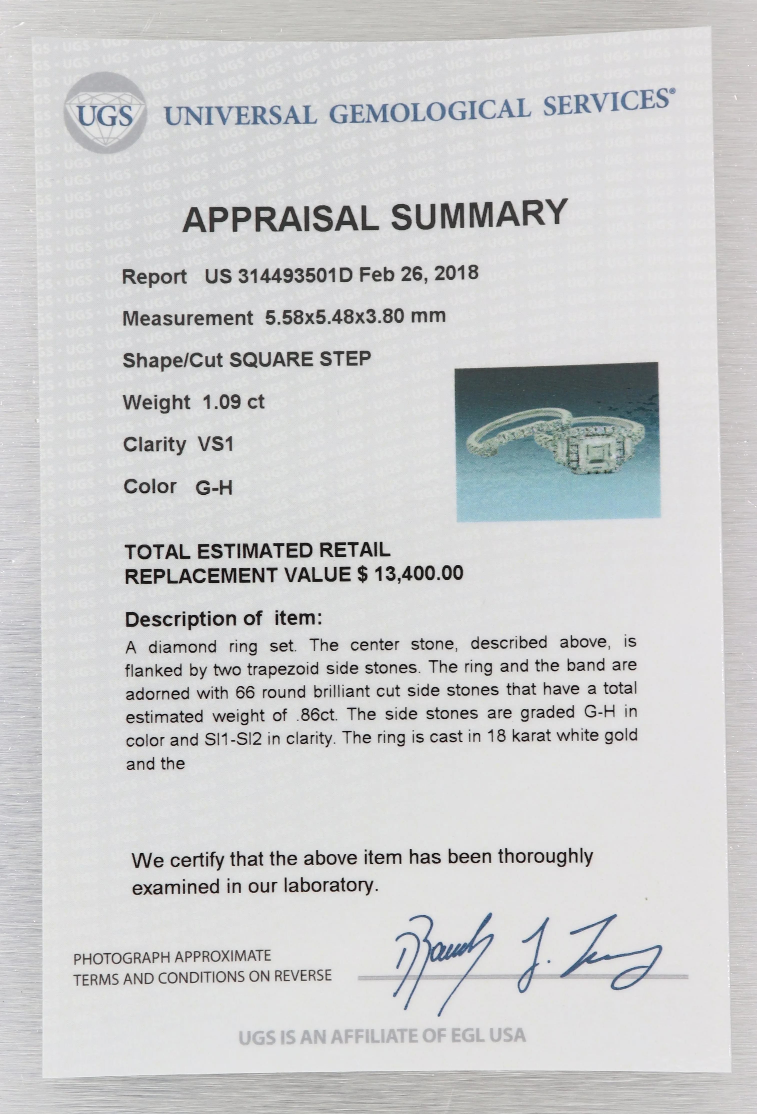 18k White Gold 1.95ctw Diamond Asscher Diamond Wedding Ring Set EGL M8 $13400