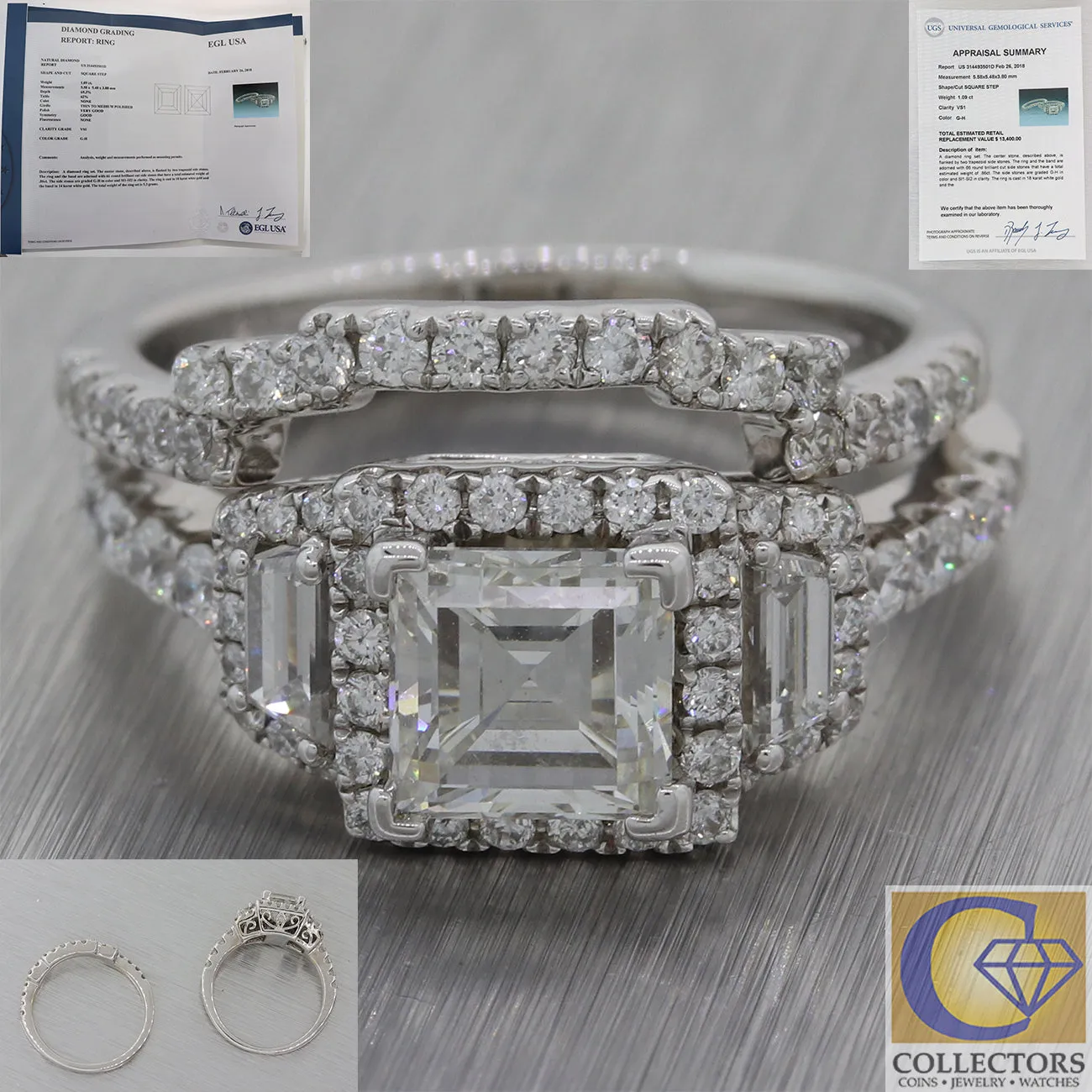 18k White Gold 1.95ctw Diamond Asscher Diamond Wedding Ring Set EGL M8 $13400
