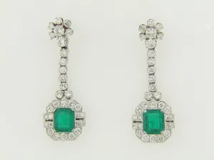 18K WHITE GOLD / PLATINUM EMERALD AND DIAMOND DANGLING EARRINGS