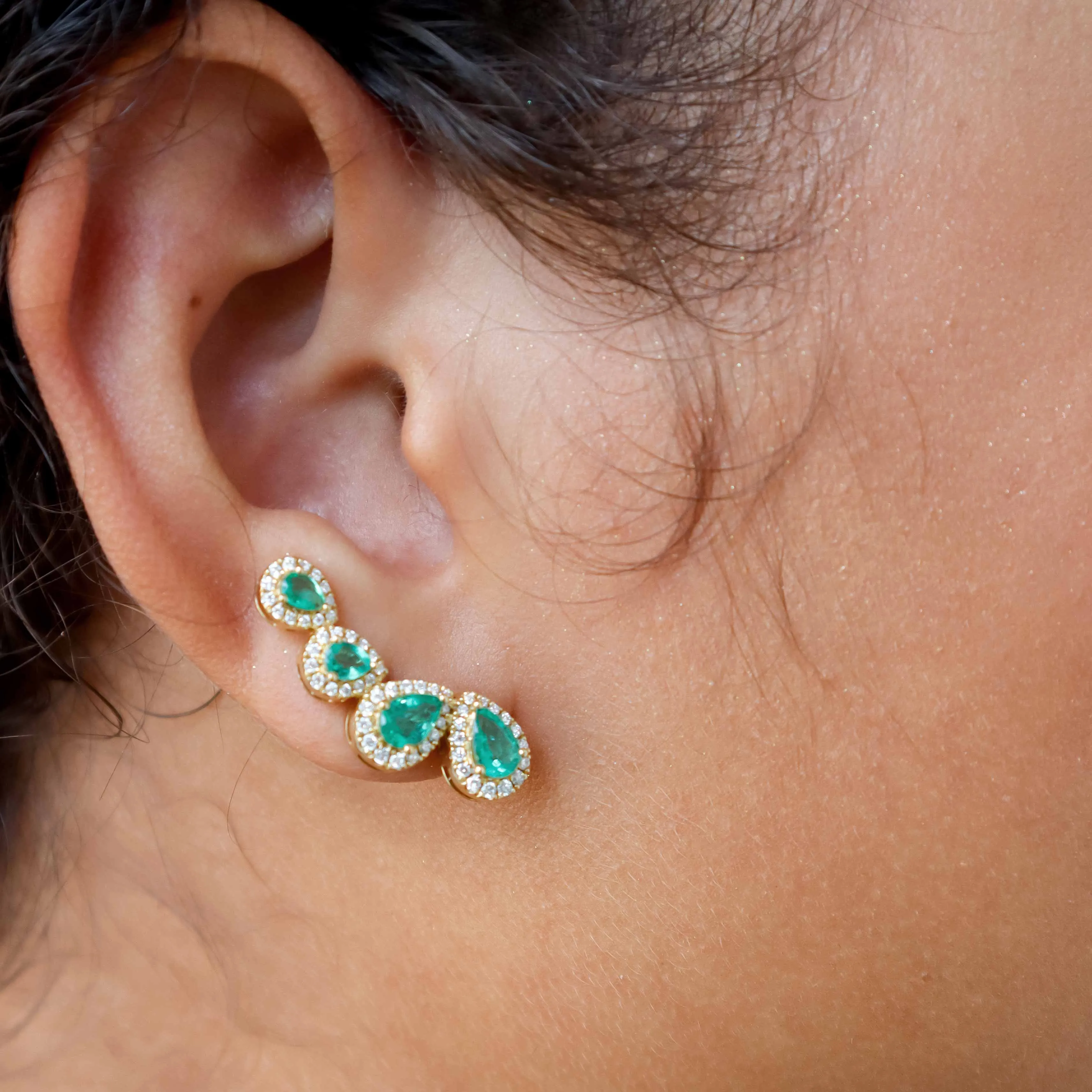 18K Yellow Gold Diamond Emerald Ear Climber Estate Earrings