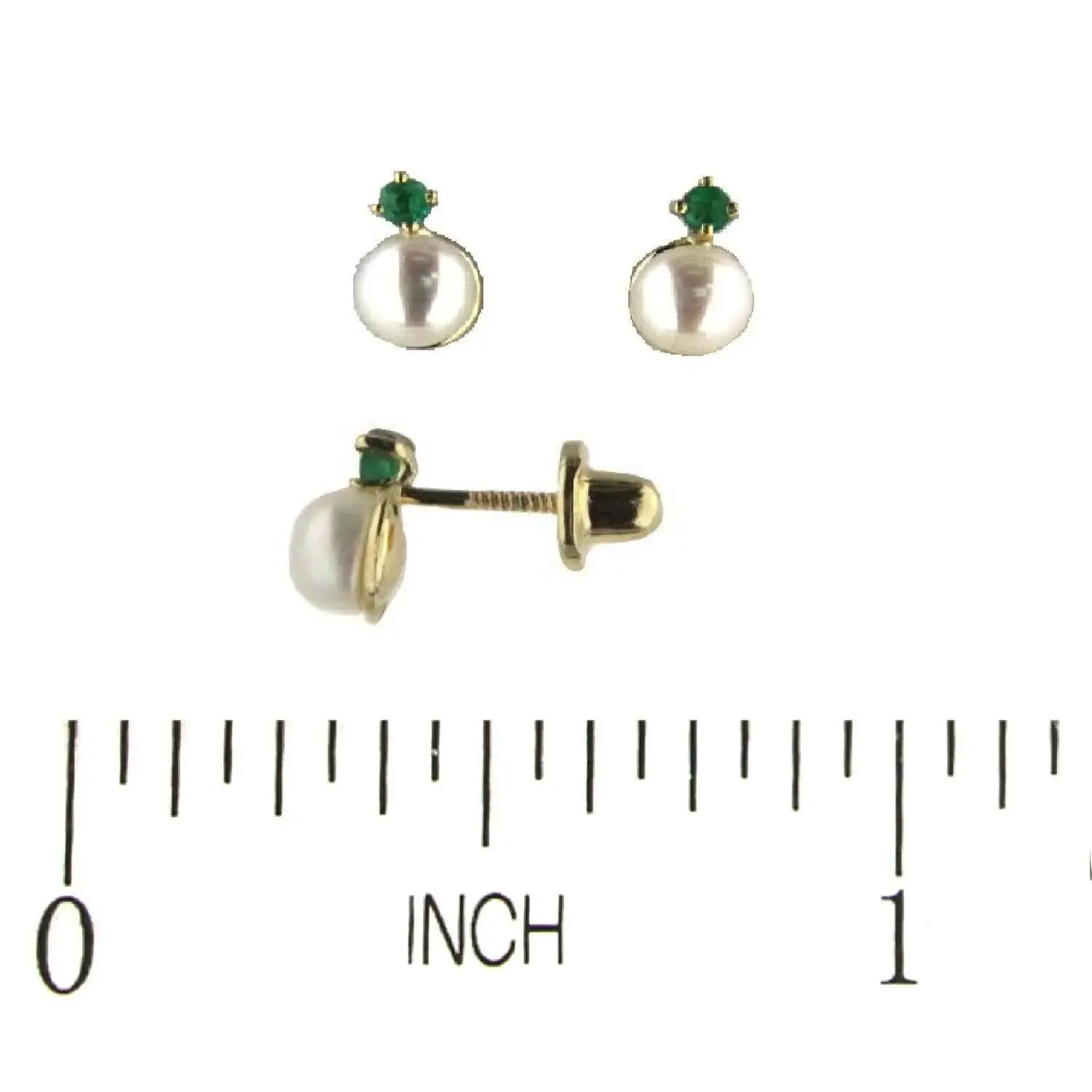 18K Yellow Gold Emerald and Pearl Screwback Girl Earrings