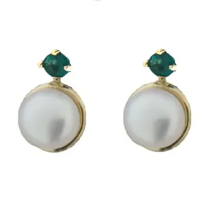 18K Yellow Gold Emerald and Pearl Screwback Girl Earrings
