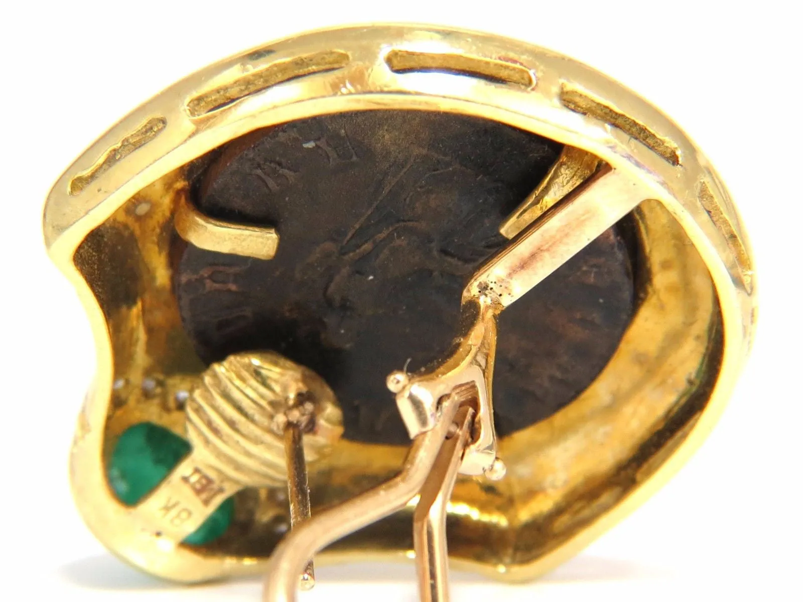 18kt 1.80ct natural emerald diamond coin clip earrings byzantine deco