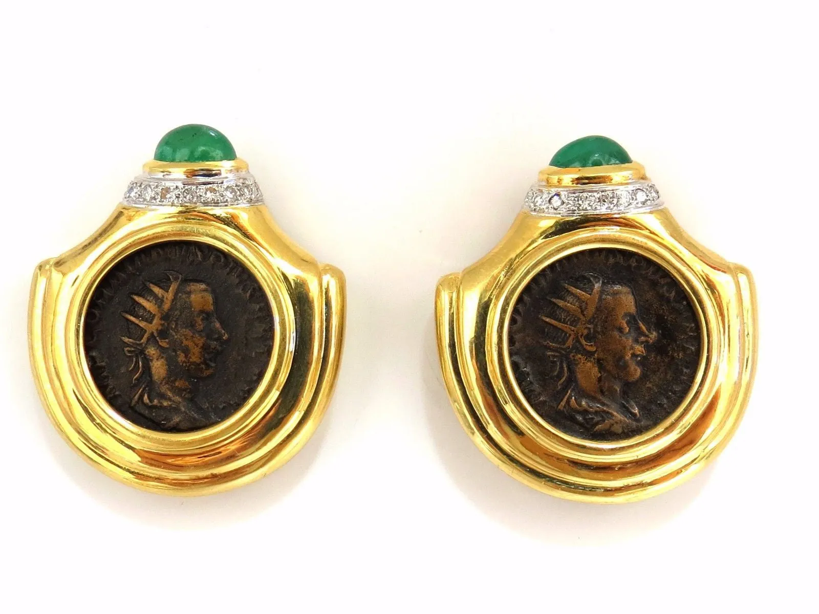 18kt 1.80ct natural emerald diamond coin clip earrings byzantine deco