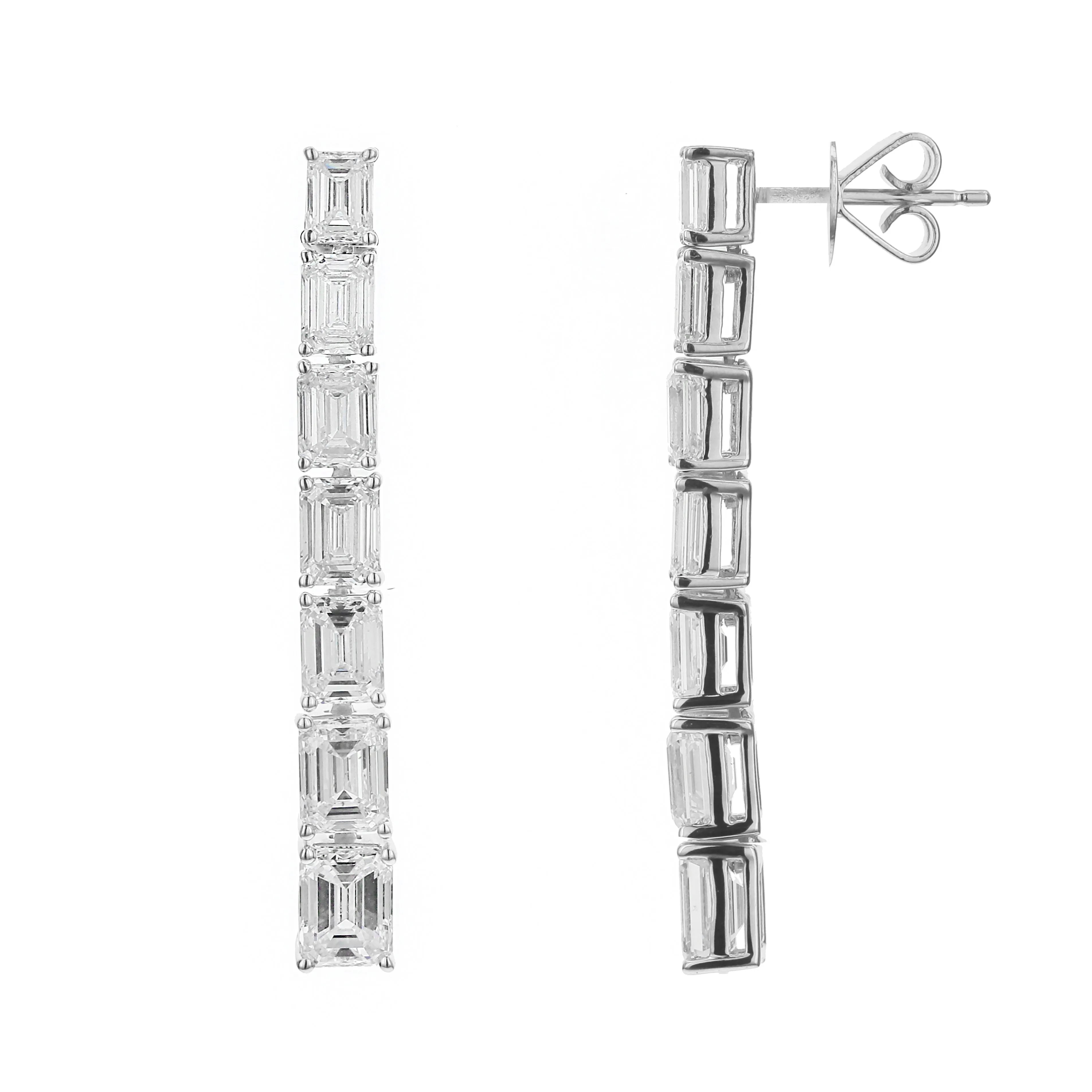 18KT white gold drop earrings with 6.40ctw graduated emerald...