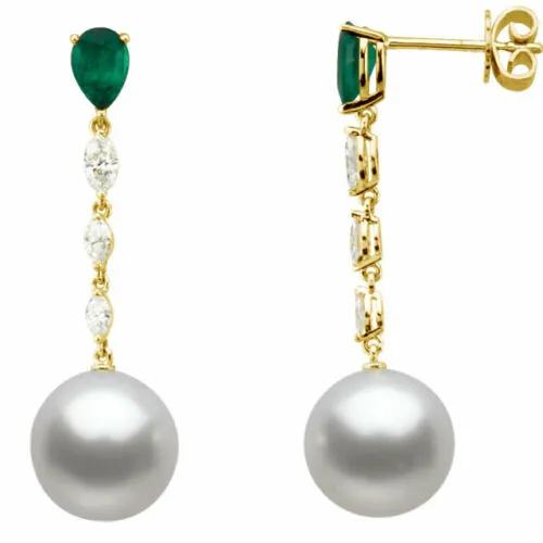 18KT Yellow Gold Marquise Diamond, Paspaley Pearl   Emerald Earrings
