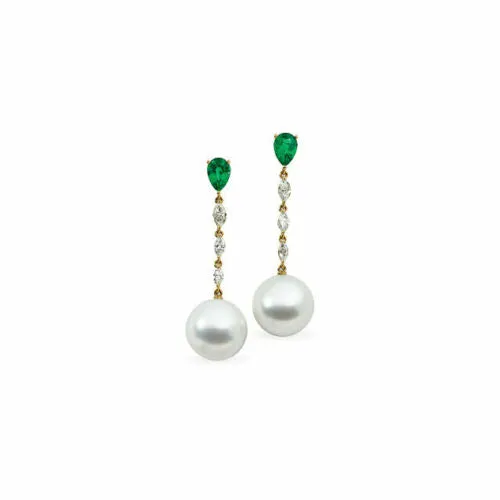 18KT Yellow Gold Marquise Diamond, Paspaley Pearl   Emerald Earrings