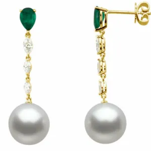 18KT Yellow Gold Marquise Diamond, Paspaley Pearl   Emerald Earrings