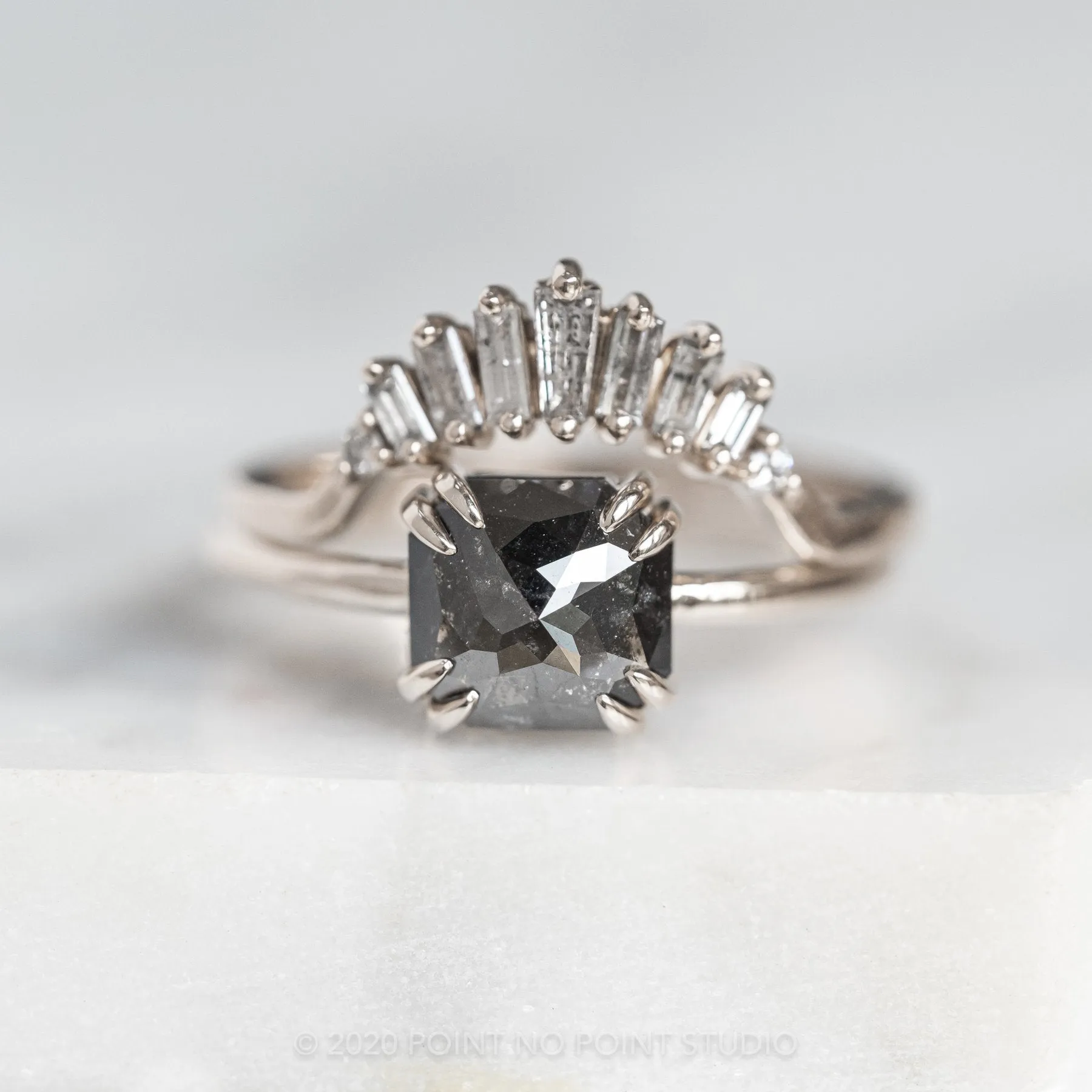 1.90 Carat Black Asscher Diamond Engagement Ring, Double Prong Jane Setting, 14k White Gold