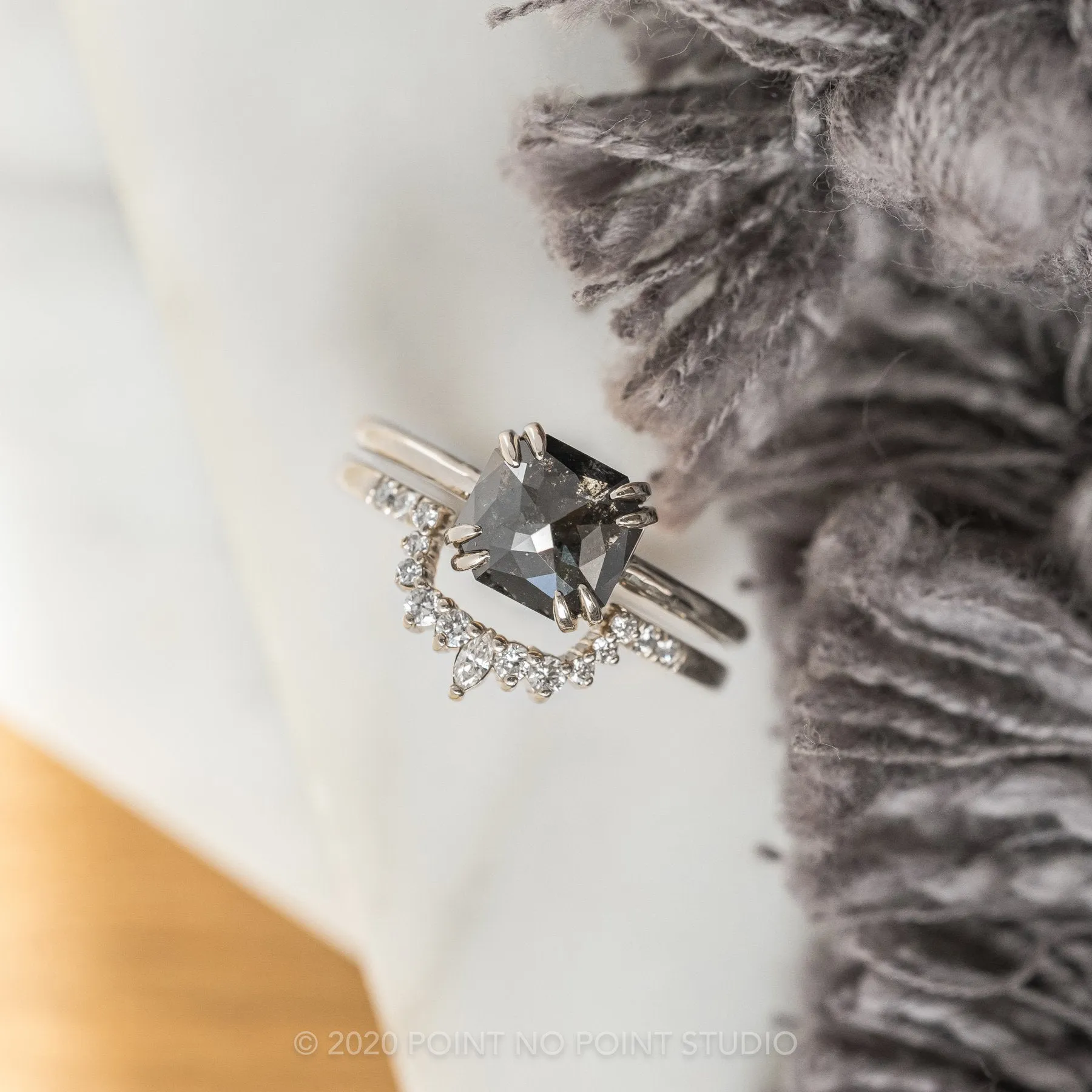 1.90 Carat Black Asscher Diamond Engagement Ring, Double Prong Jane Setting, 14k White Gold