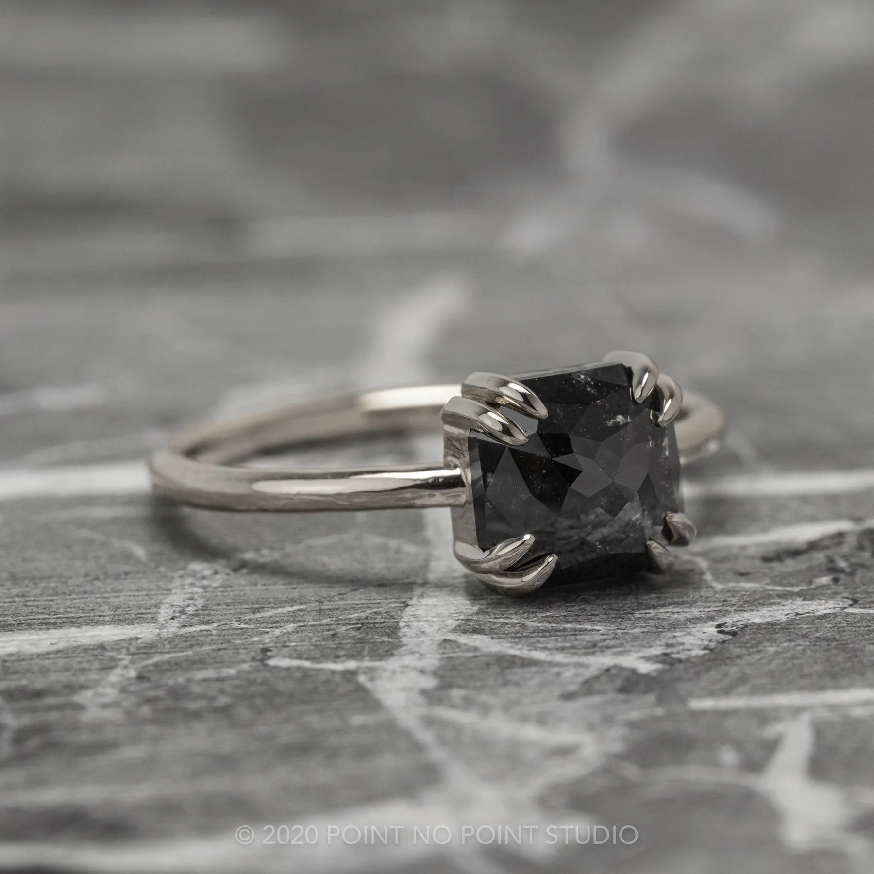 1.90 Carat Black Asscher Diamond Engagement Ring, Double Prong Jane Setting, 14k White Gold