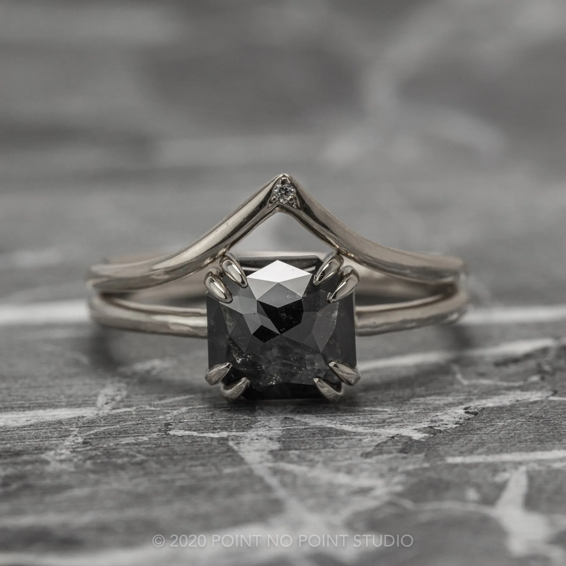 1.90 Carat Black Asscher Diamond Engagement Ring, Double Prong Jane Setting, 14k White Gold