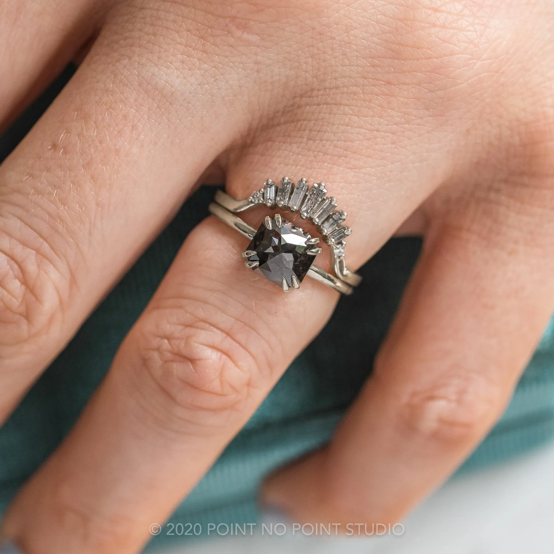 1.90 Carat Black Asscher Diamond Engagement Ring, Double Prong Jane Setting, 14k White Gold
