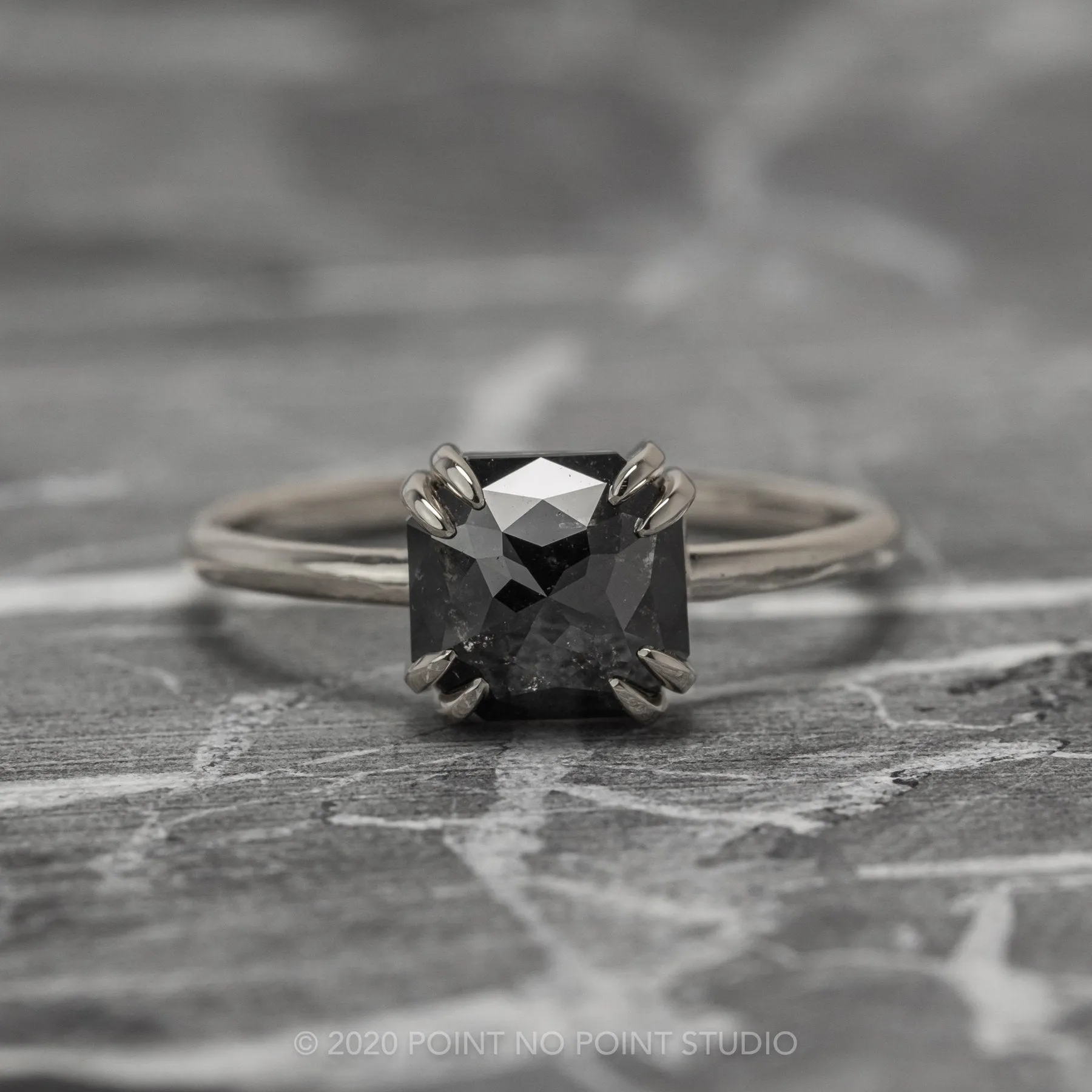 1.90 Carat Black Asscher Diamond Engagement Ring, Double Prong Jane Setting, 14k White Gold