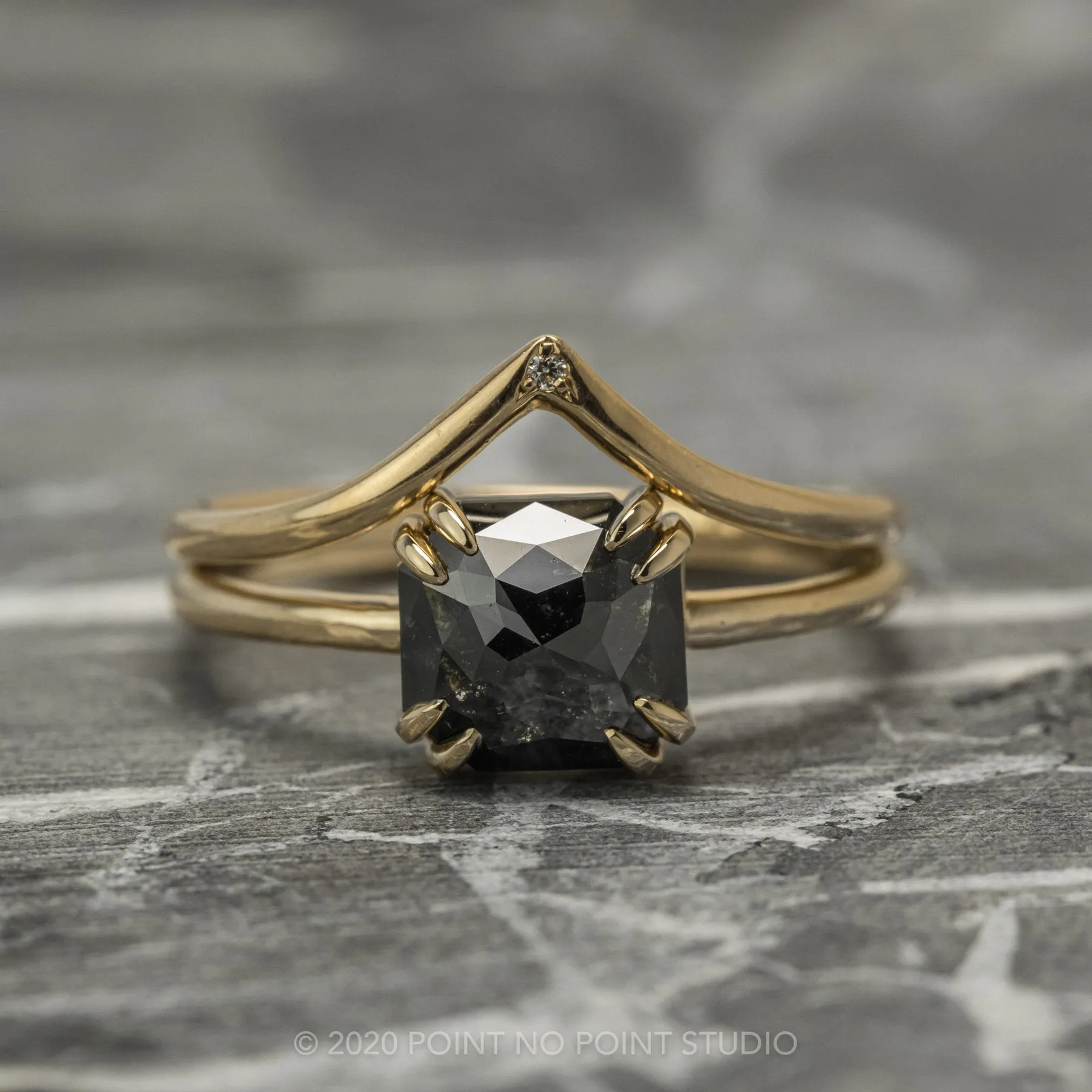 1.90 Carat Black Asscher Diamond Engagement Ring, Double Prong Jane Setting, 14k Yellow Gold