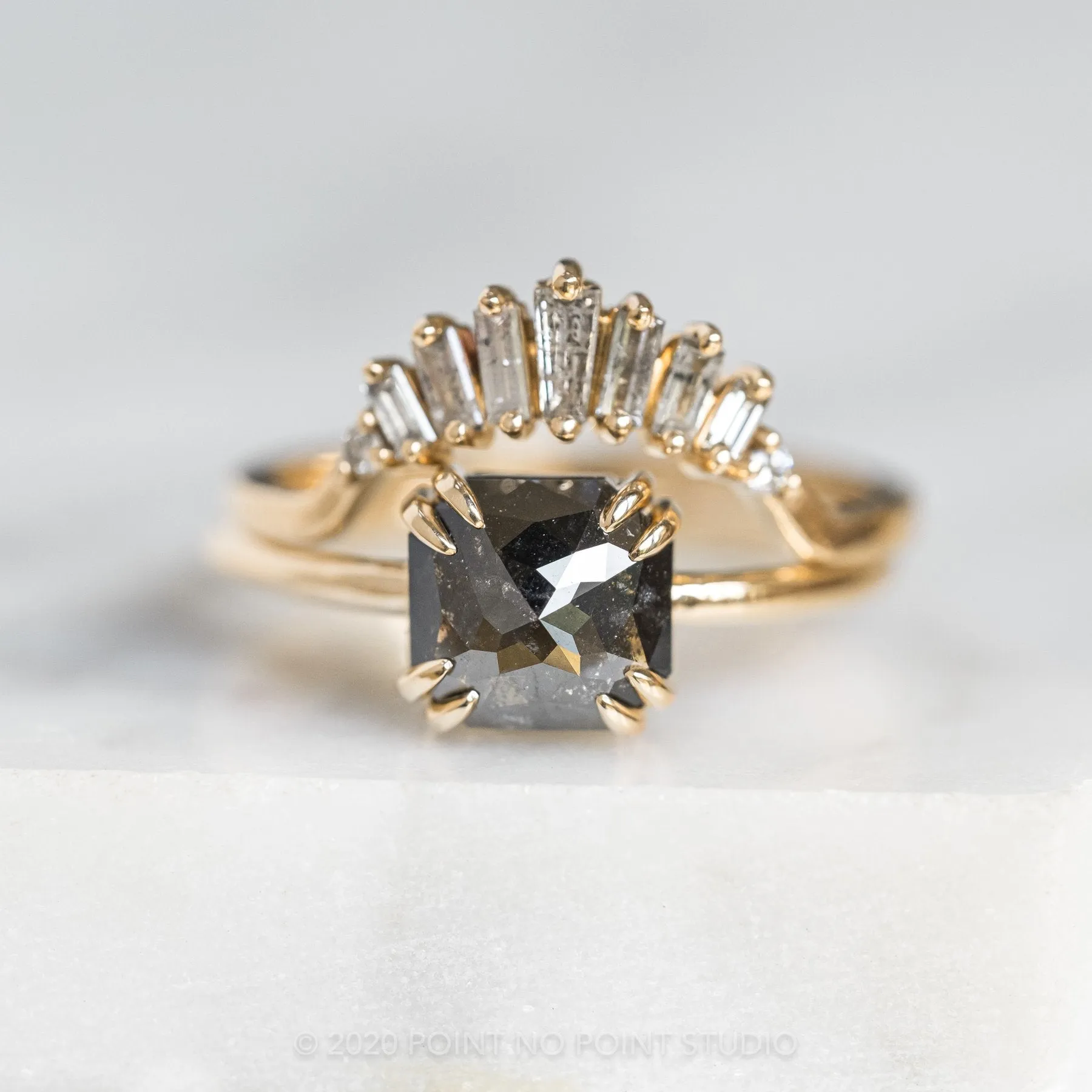1.90 Carat Black Asscher Diamond Engagement Ring, Double Prong Jane Setting, 14k Yellow Gold