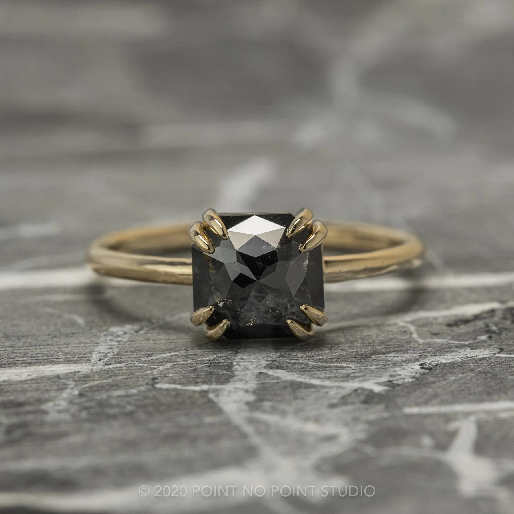 1.90 Carat Black Asscher Diamond Engagement Ring, Double Prong Jane Setting, 14k Yellow Gold