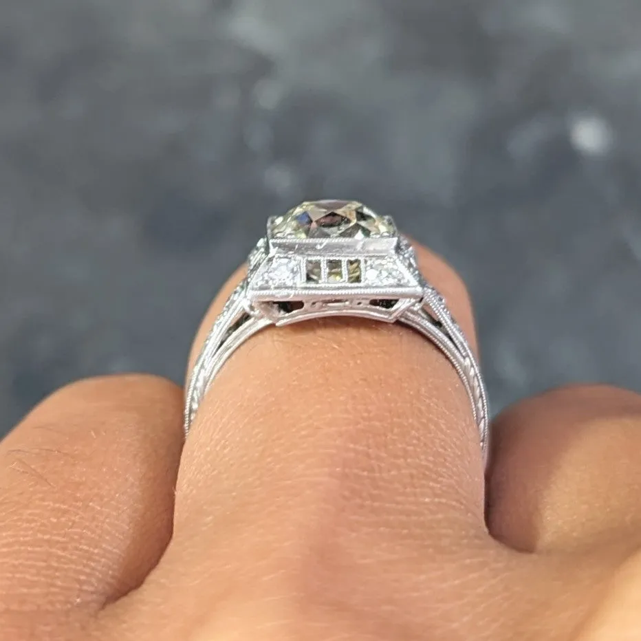 1928 Art Deco 2.37 CTW Light Yellow Diamond Platinum Vintage Pyramid Ring
