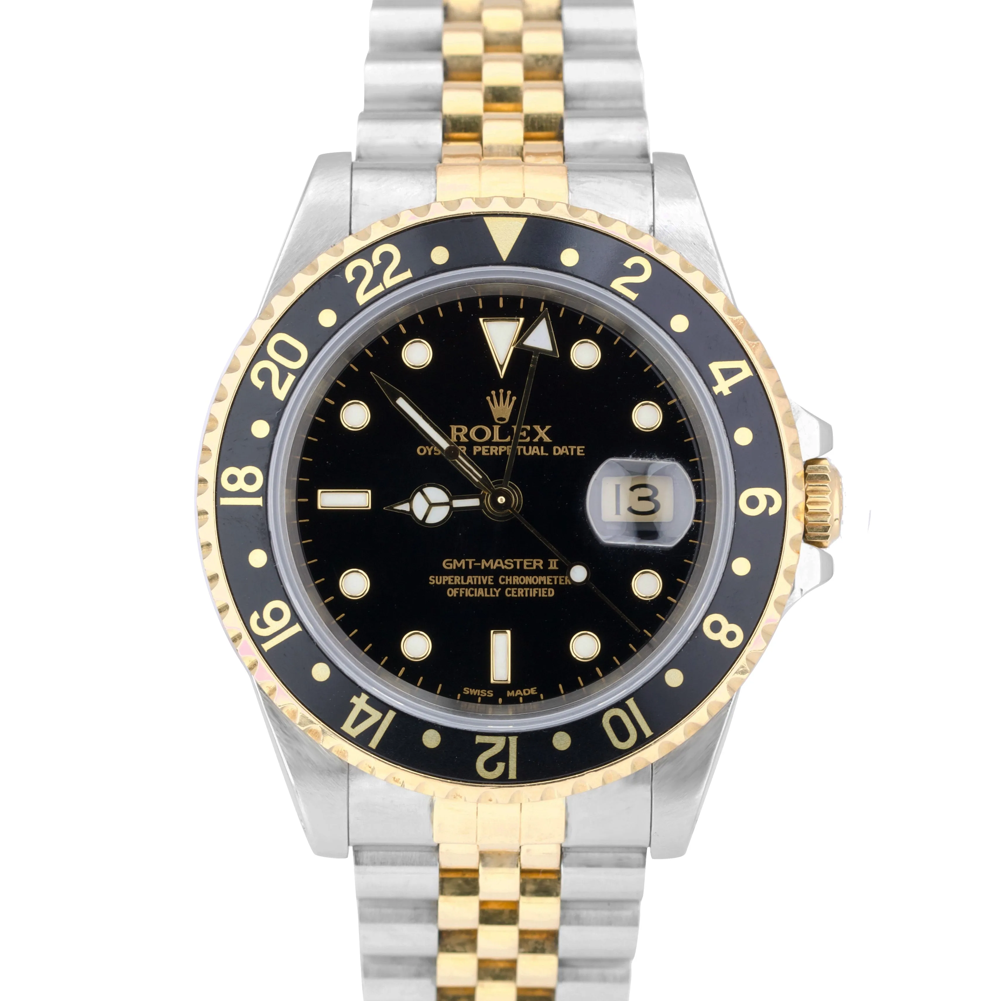 2003 Rolex GMT-Master II 16713 P Two-Tone Gold Steel Black Jubilee 40mm Watch