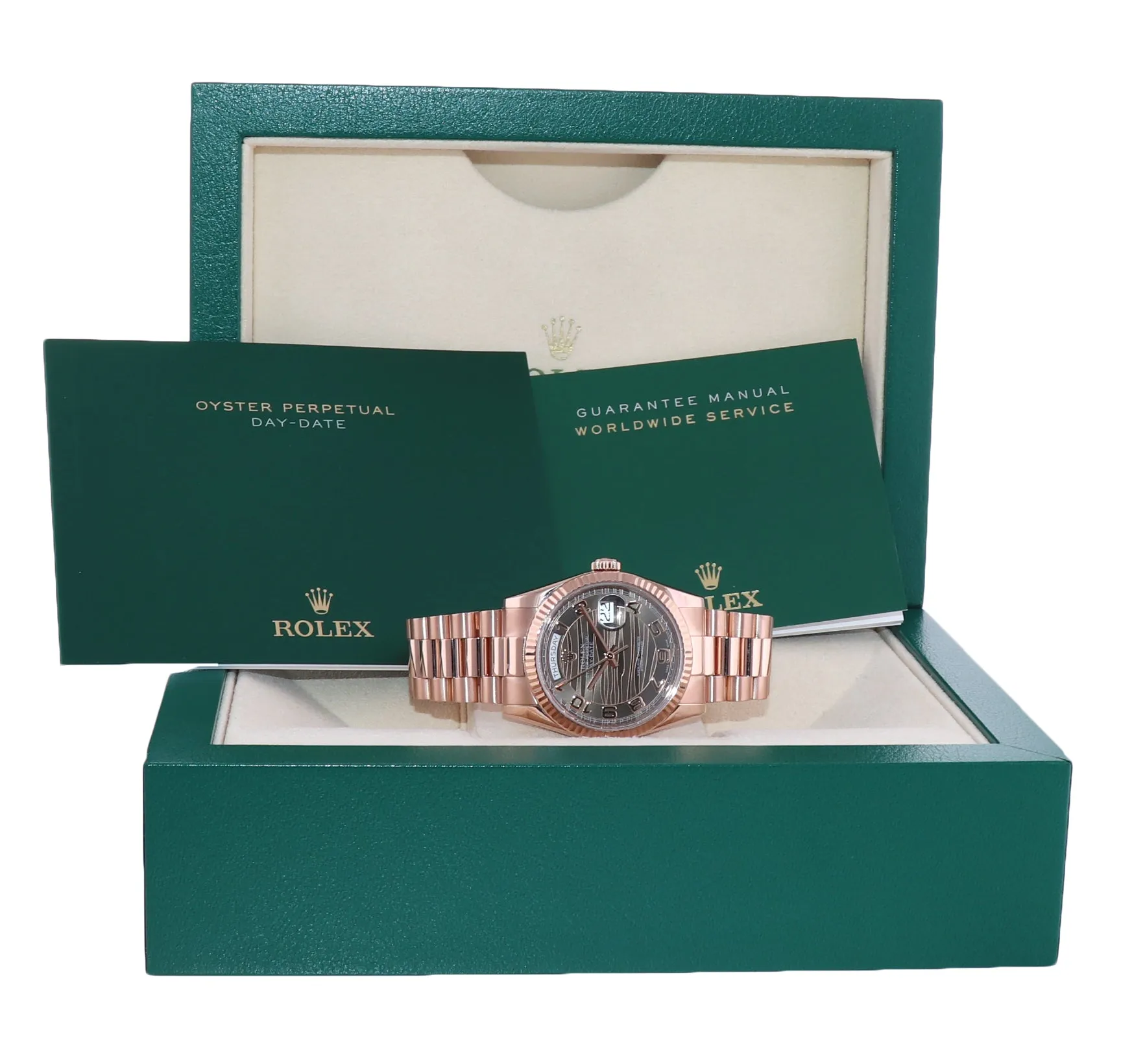 2015 Rolex President Day Date Rose Gold 118235 Chocolate Wave Watch Box