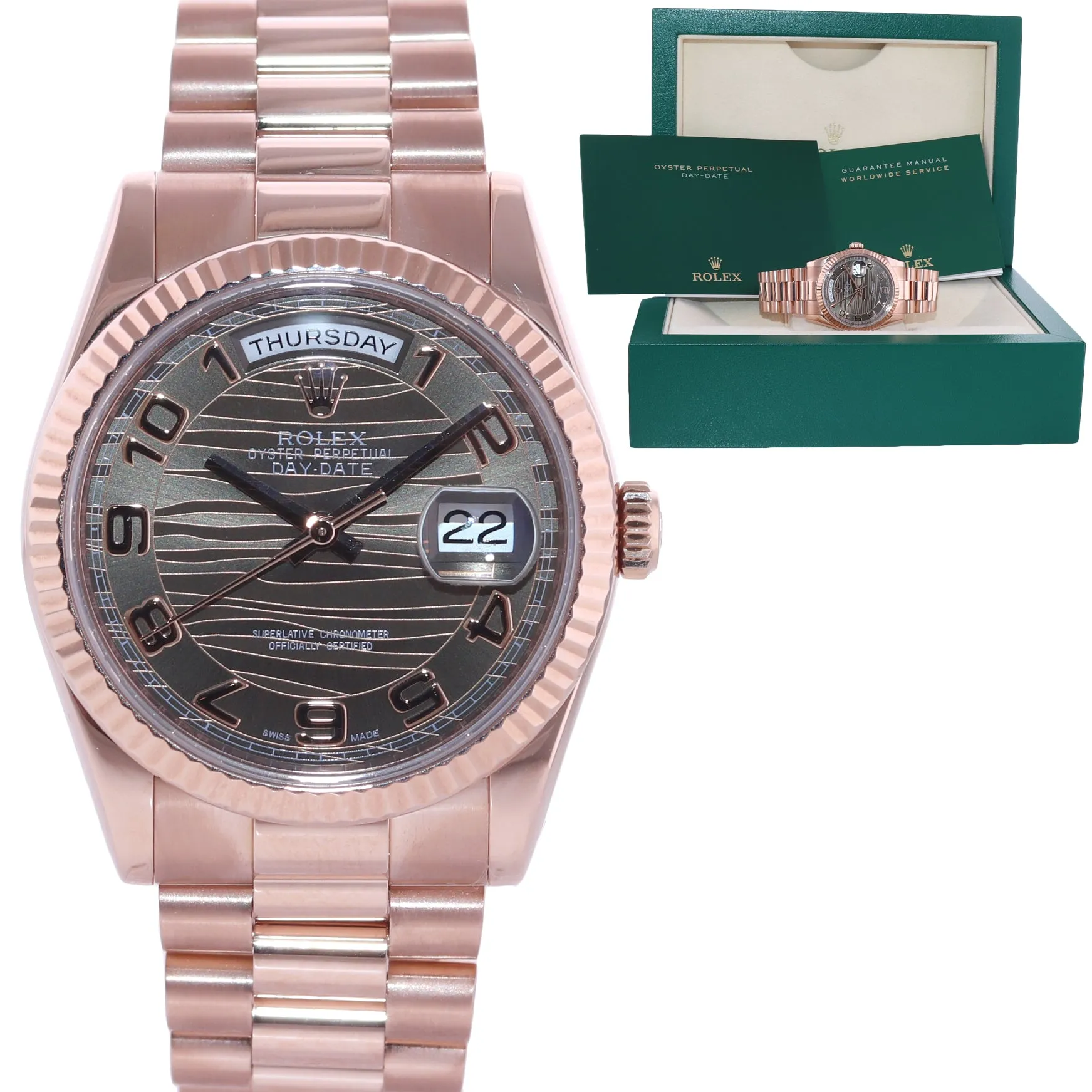 2015 Rolex President Day Date Rose Gold 118235 Chocolate Wave Watch Box