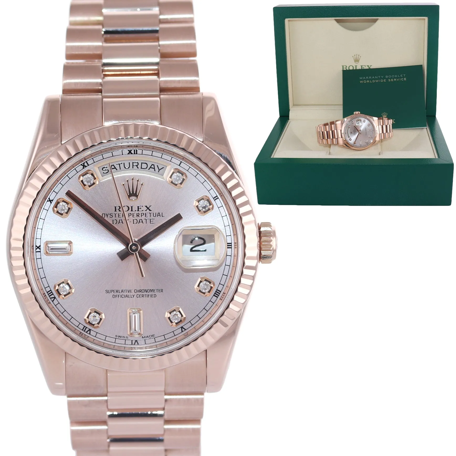 2016 Rolex President Day Date Rose Gold 36mm 118235 Diamond Heavy Buckle Watch