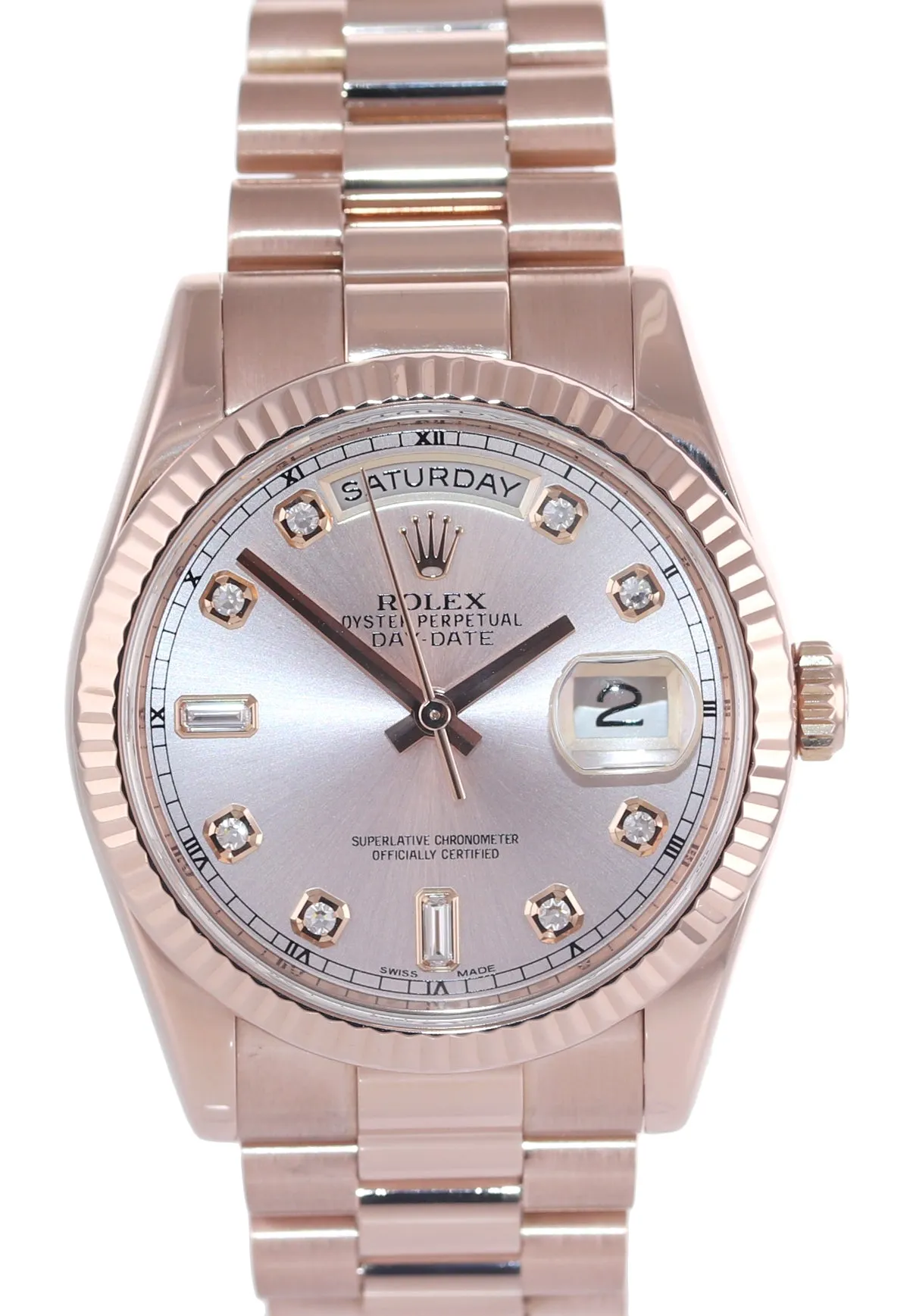 2016 Rolex President Day Date Rose Gold 36mm 118235 Diamond Heavy Buckle Watch