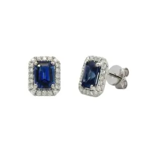 2.02cttw Sapphire Emerald cut and Diamond Halo Earrings