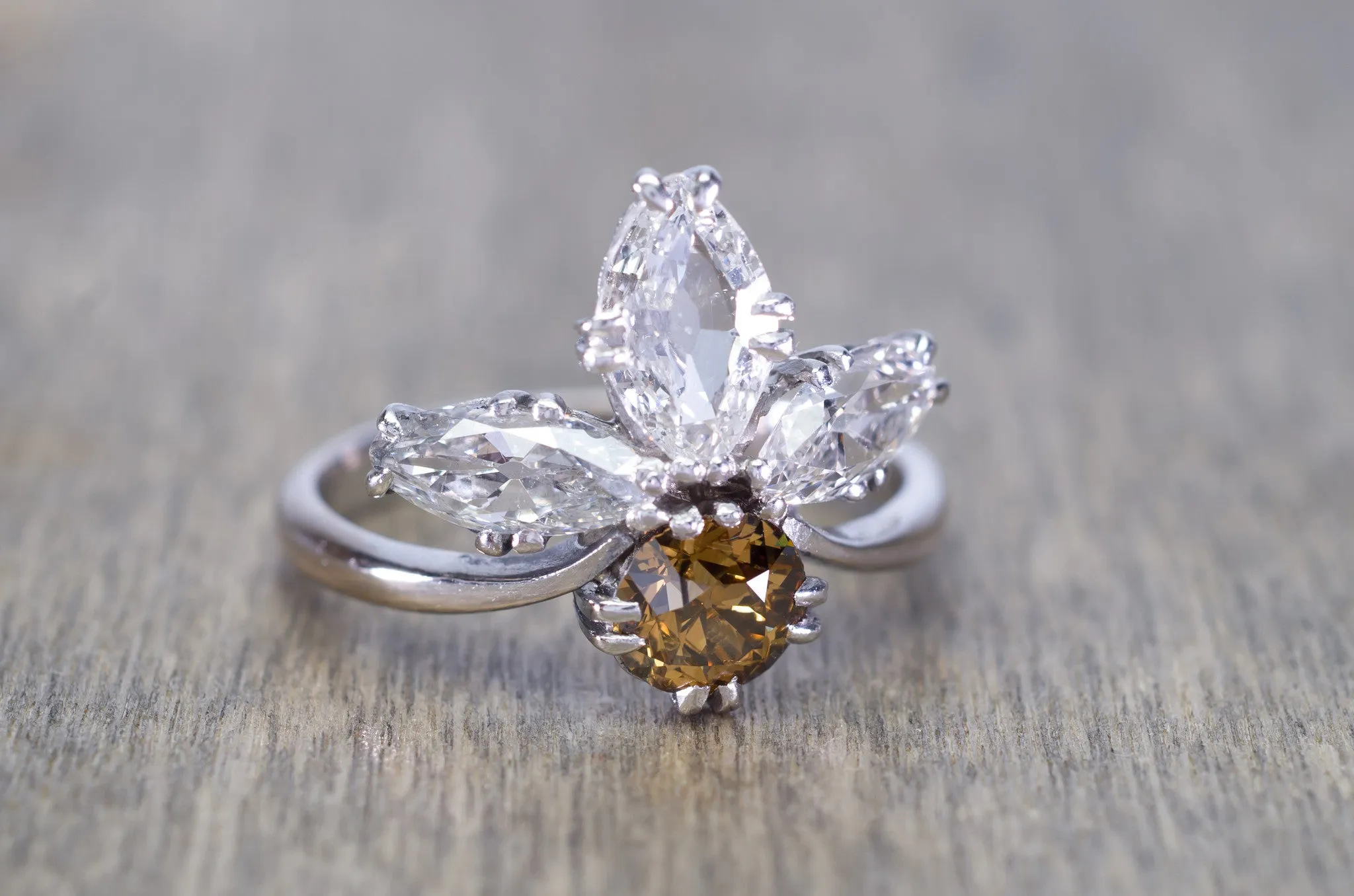 2.11CTW VINTAGE OLD CUT MARQUISE AND OLD EUROPEAN CUT COCKTAIL DIAMOND RING