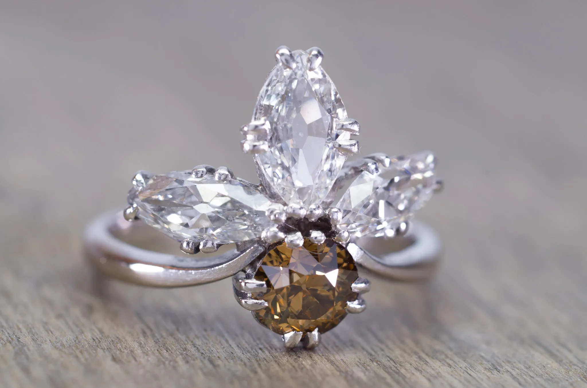 2.11CTW VINTAGE OLD CUT MARQUISE AND OLD EUROPEAN CUT COCKTAIL DIAMOND RING