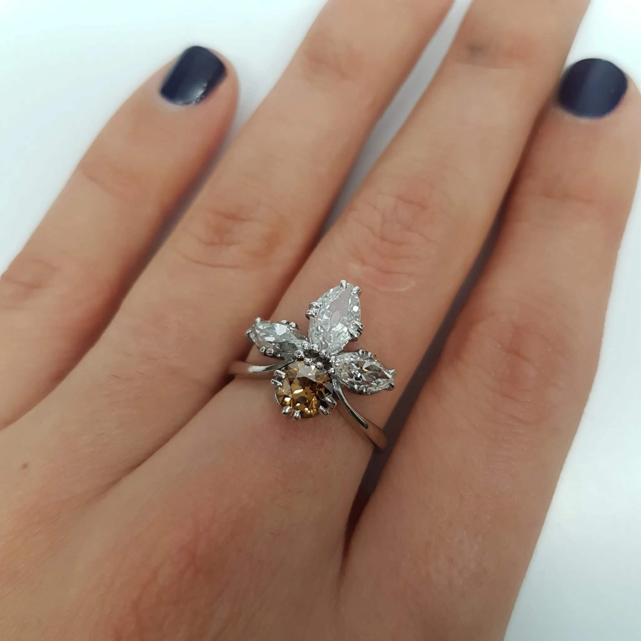2.11CTW VINTAGE OLD CUT MARQUISE AND OLD EUROPEAN CUT COCKTAIL DIAMOND RING