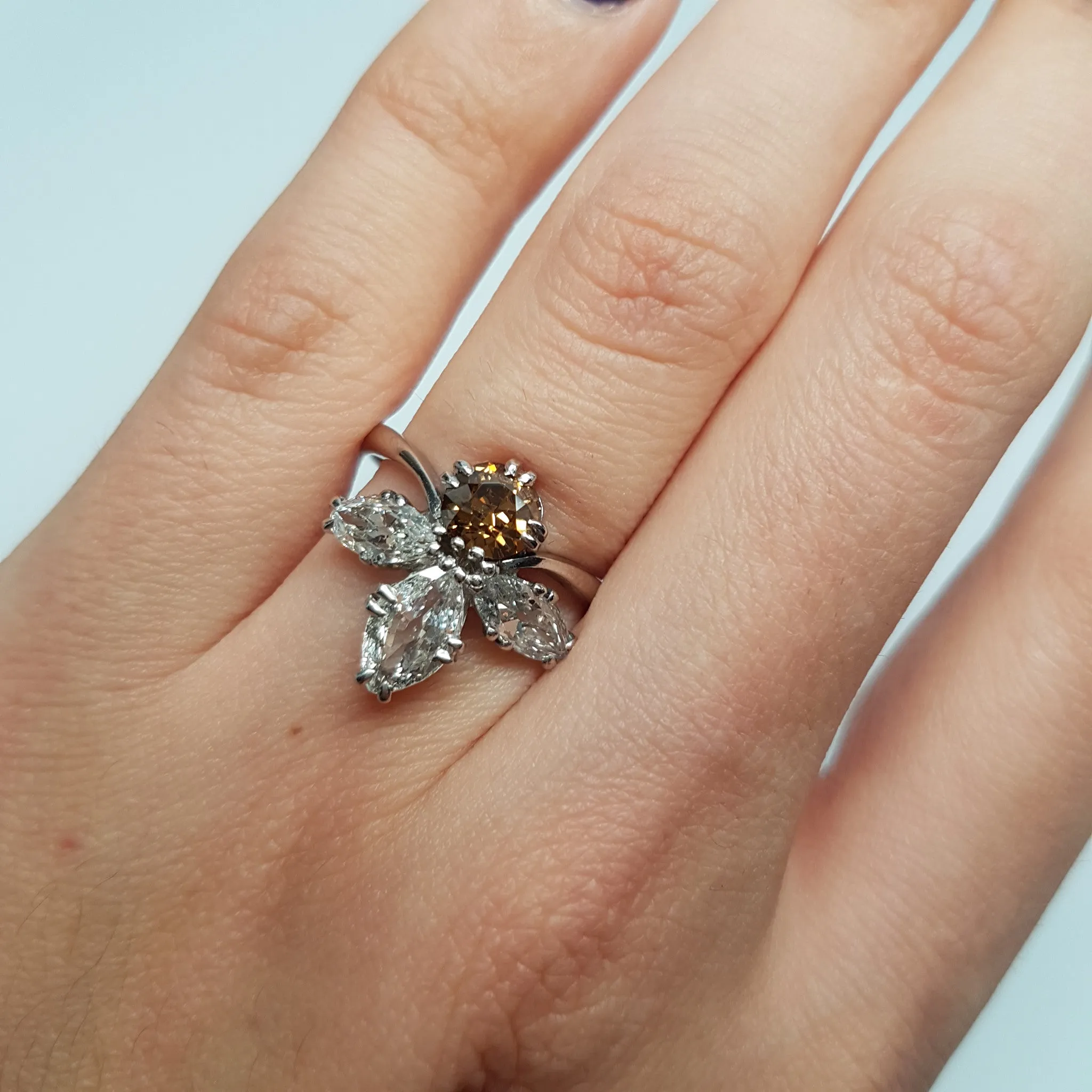 2.11CTW VINTAGE OLD CUT MARQUISE AND OLD EUROPEAN CUT COCKTAIL DIAMOND RING