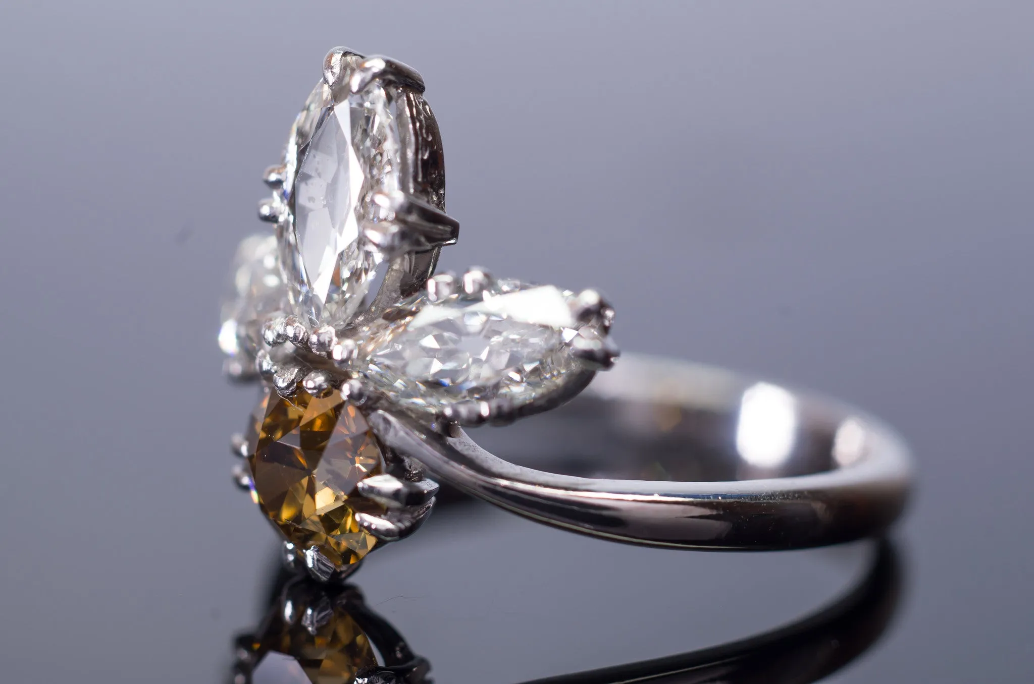 2.11CTW VINTAGE OLD CUT MARQUISE AND OLD EUROPEAN CUT COCKTAIL DIAMOND RING