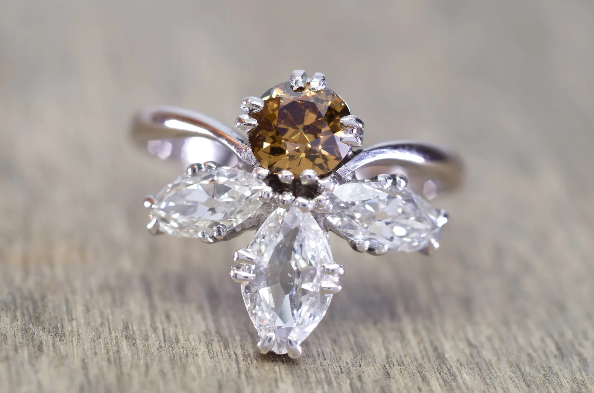 2.11CTW VINTAGE OLD CUT MARQUISE AND OLD EUROPEAN CUT COCKTAIL DIAMOND RING