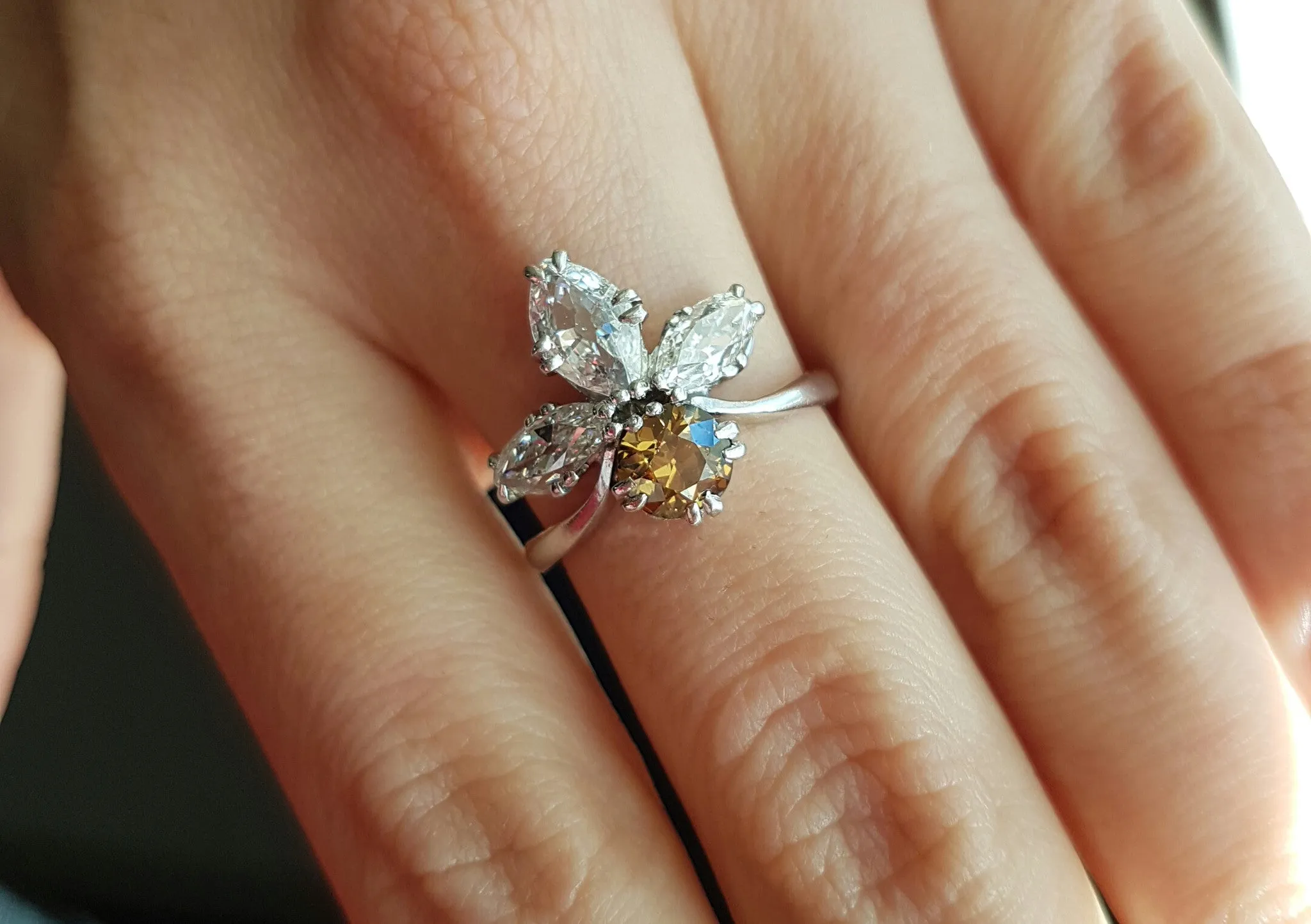 2.11CTW VINTAGE OLD CUT MARQUISE AND OLD EUROPEAN CUT COCKTAIL DIAMOND RING