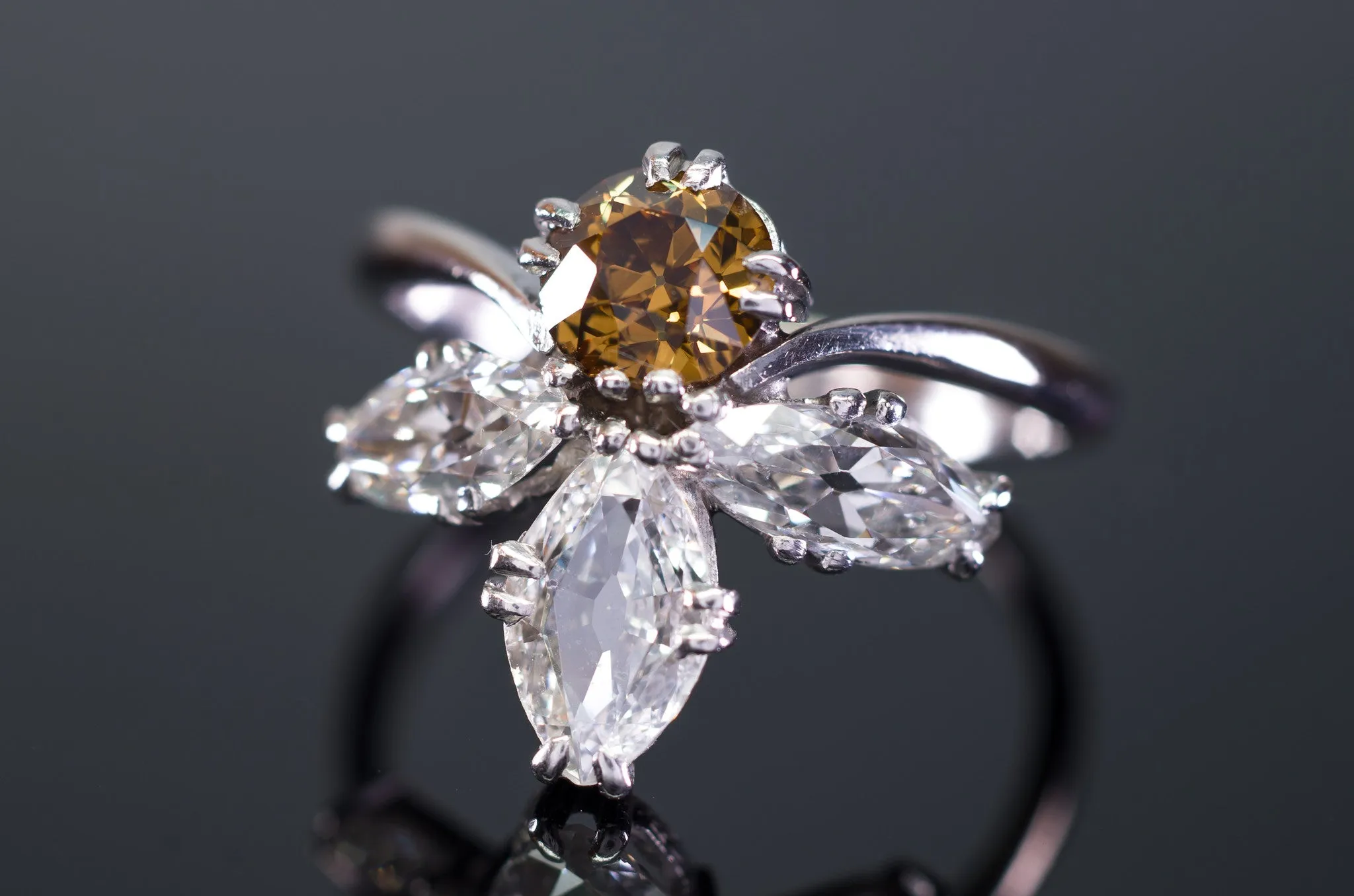 2.11CTW VINTAGE OLD CUT MARQUISE AND OLD EUROPEAN CUT COCKTAIL DIAMOND RING