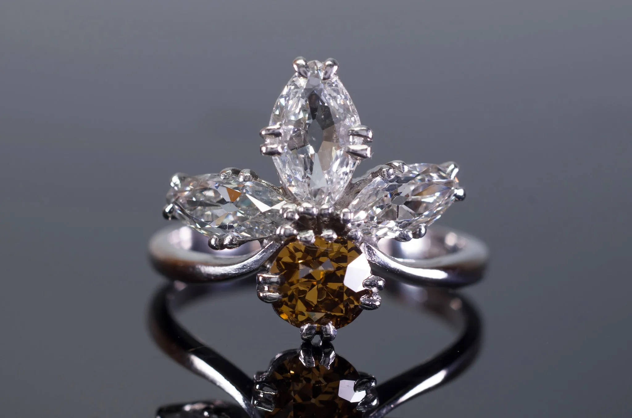 2.11CTW VINTAGE OLD CUT MARQUISE AND OLD EUROPEAN CUT COCKTAIL DIAMOND RING