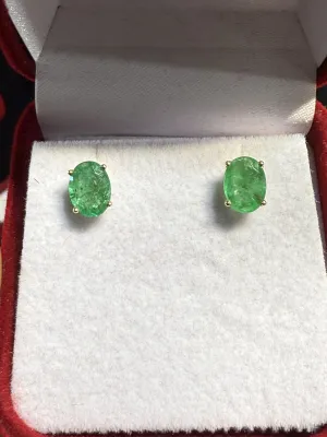 2.30 Carat Natural Colombian Emerald 14k Yellow Gold Stud Earrings