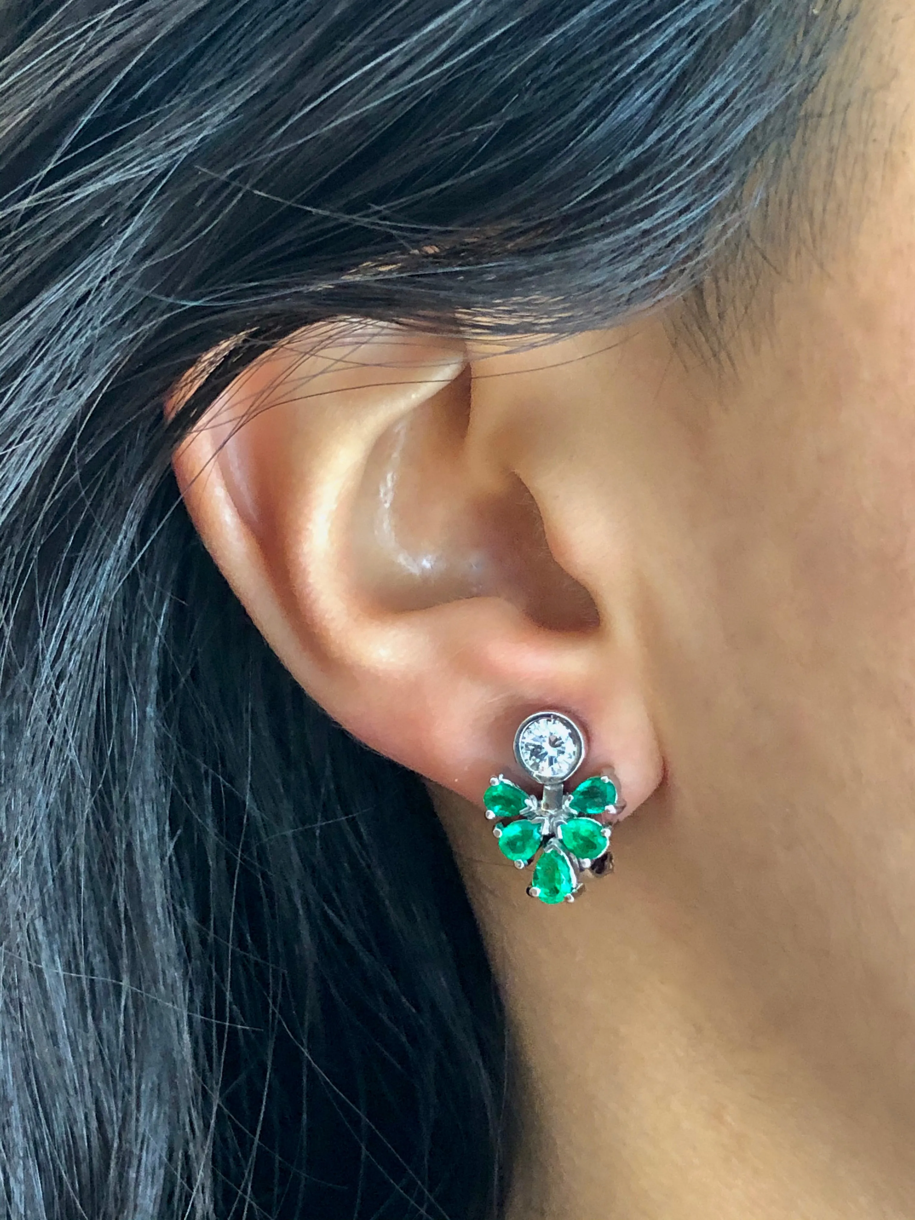 2.50 Carat Diamond Emerald Cluster Earrings 18k White Gold