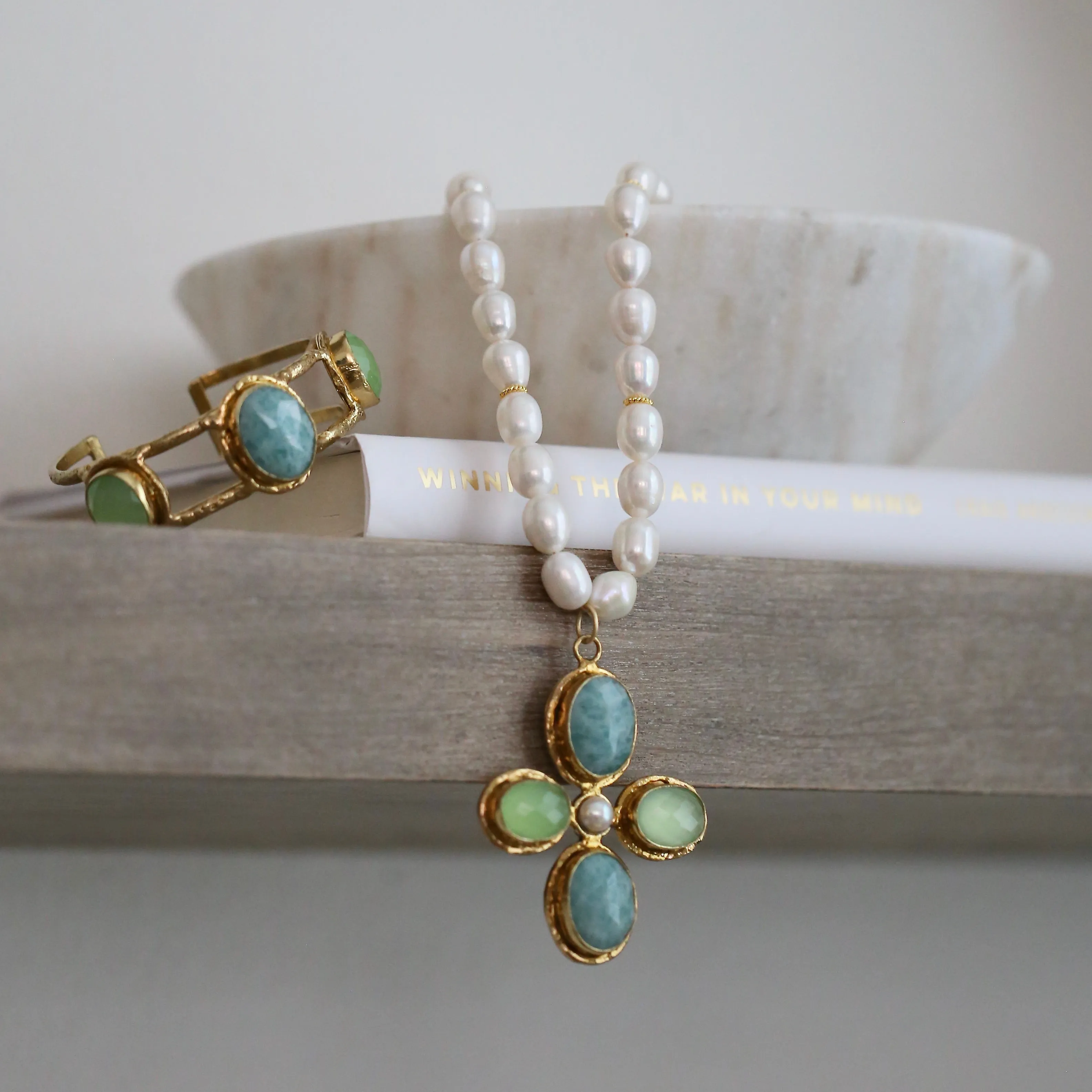 254-AMA-G | 3 STONE AMAZONITE & LIME QUARTZ CUFF ON GOLD